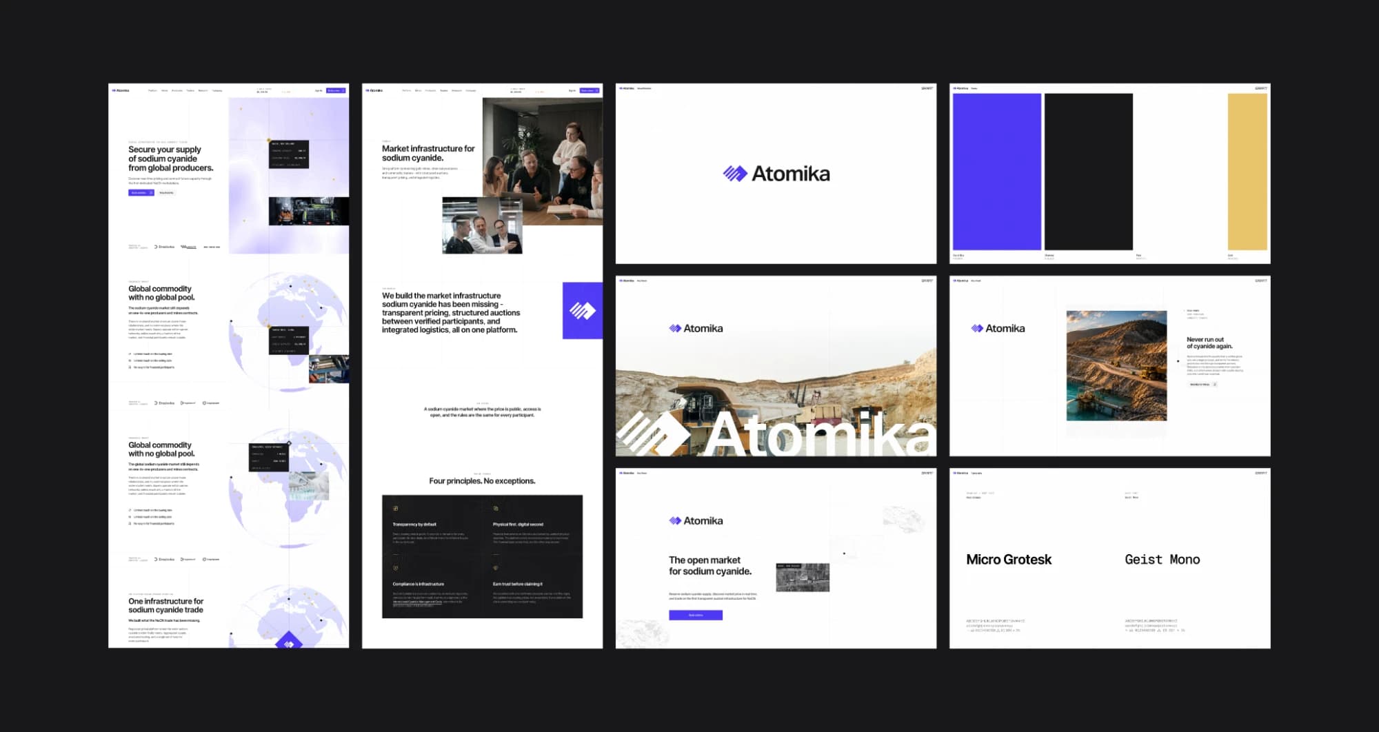 Atomika's Figma: the website, logo, colors, photographs from the mines, cards and the Micro Grotesk and Geist Mono typefaces: the brand assets the agents were given