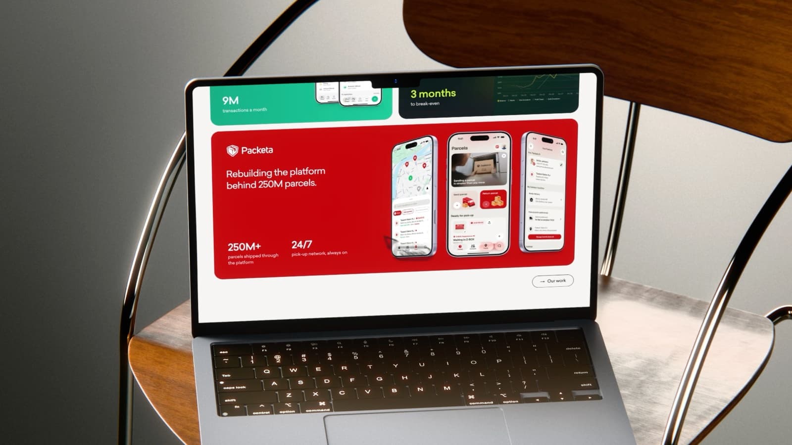 A scene from the Cleevio teaser: a MacBook on a chair with the Packeta project card