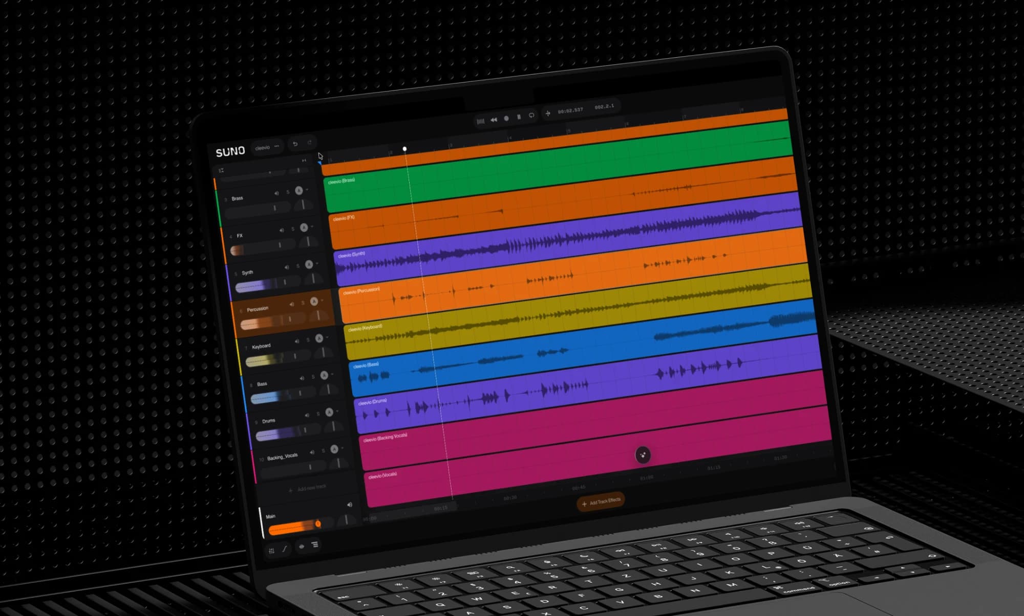 The Cleevio track in Suno on a MacBook: colored stems for percussion, keys, bass and drums at 120 BPM