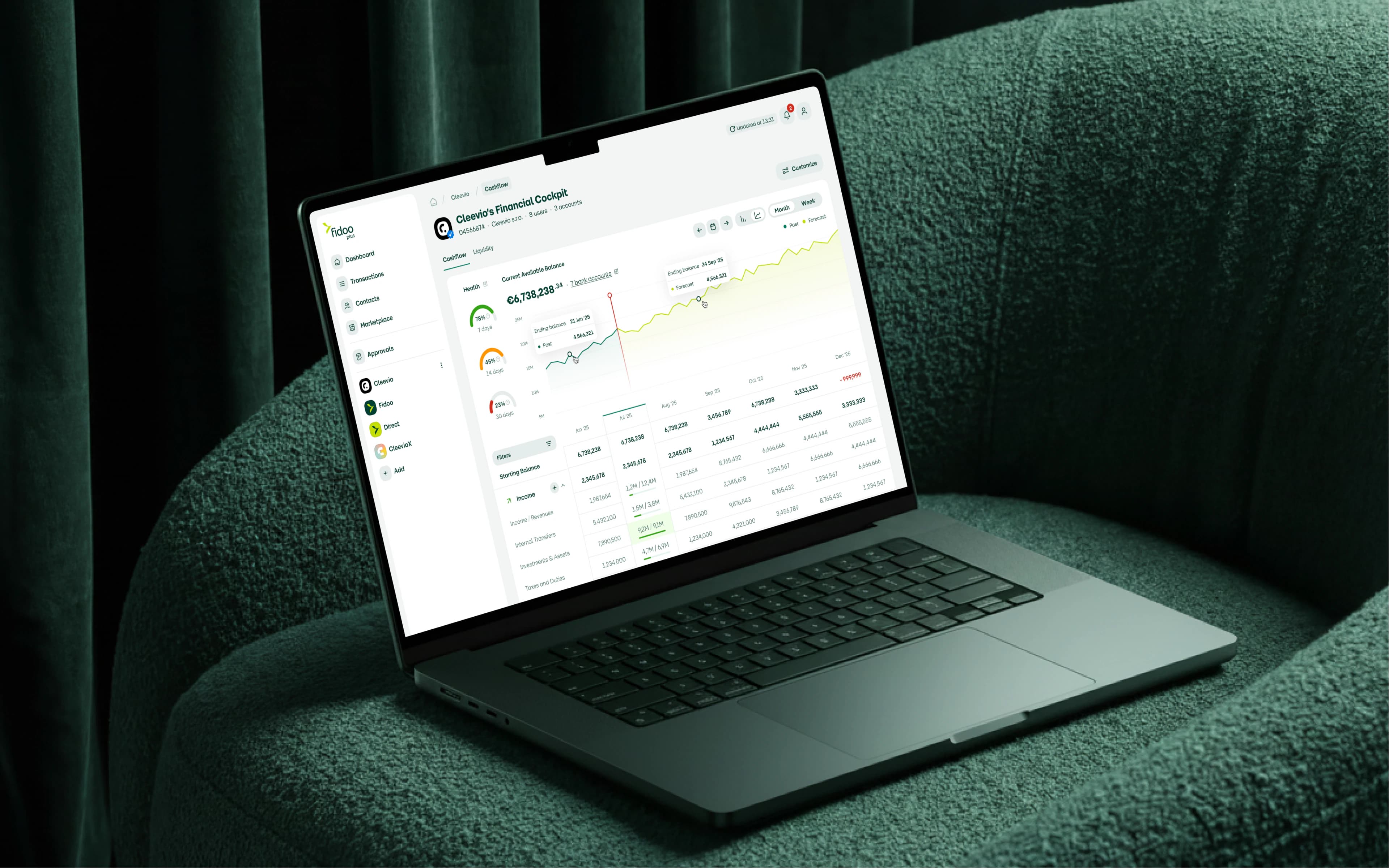 A MacBook on a dark green armchair showing Fidoo's financial cockpit