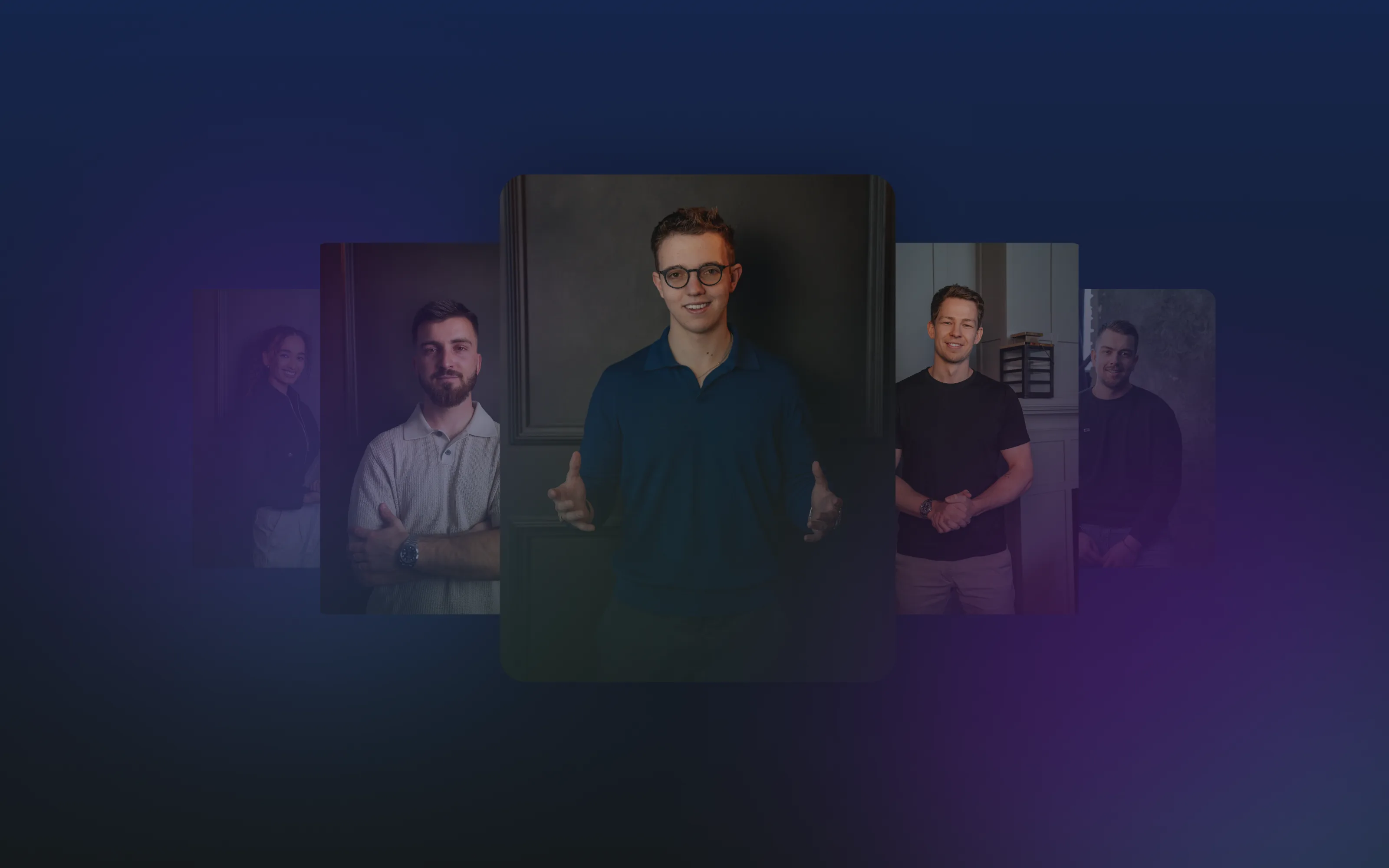 The Funded Mind team — five portrait cards fanned out on a navy-to-violet glow
