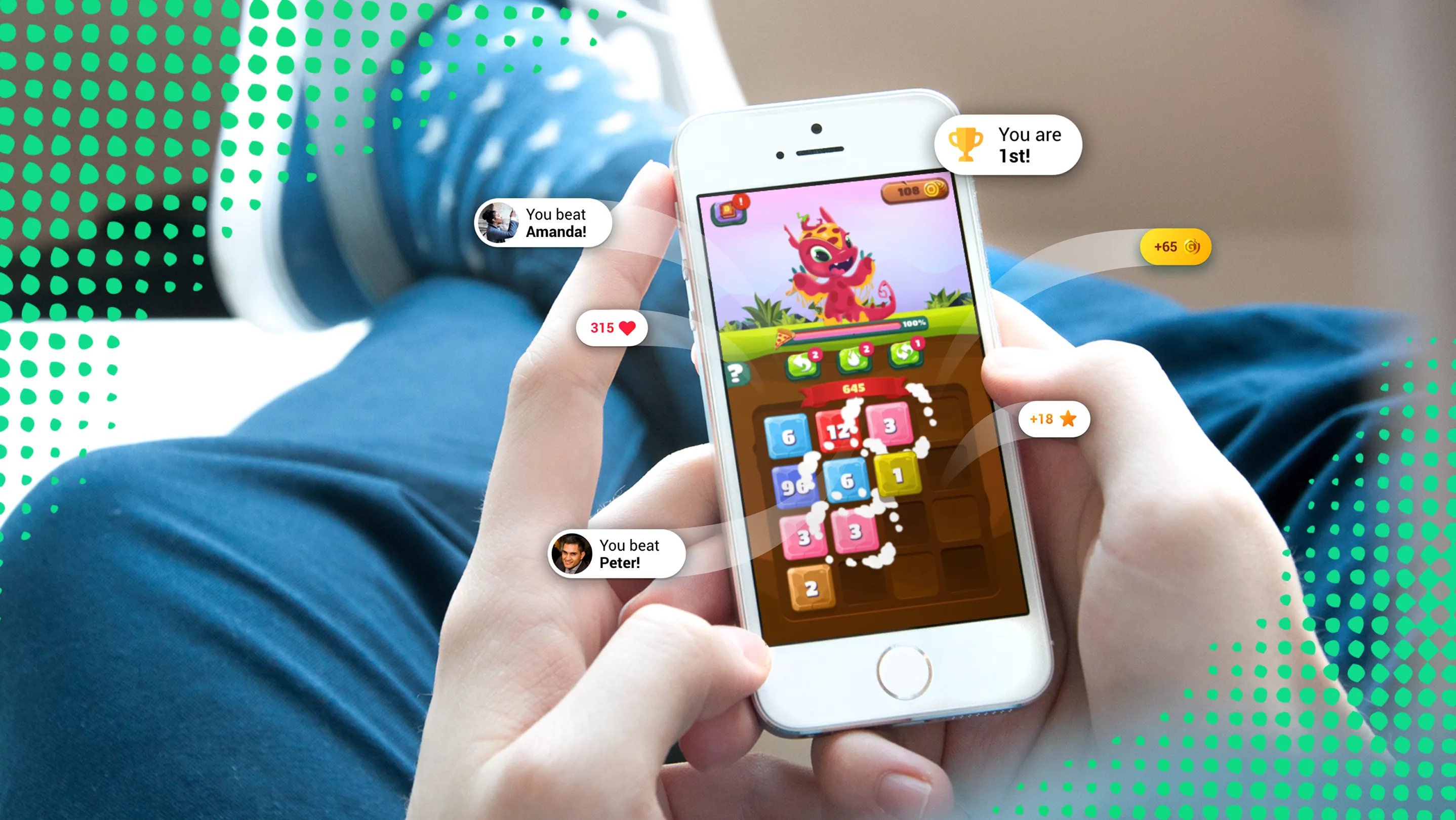 Hands holding a white phone with a GAMEE puzzle game and a red dragon mascot, surrounded by floating bubbles — You beat Amanda!, You beat Peter!, You are 1st!, +65 coins, 315 hearts — with green halftone dots in the corners