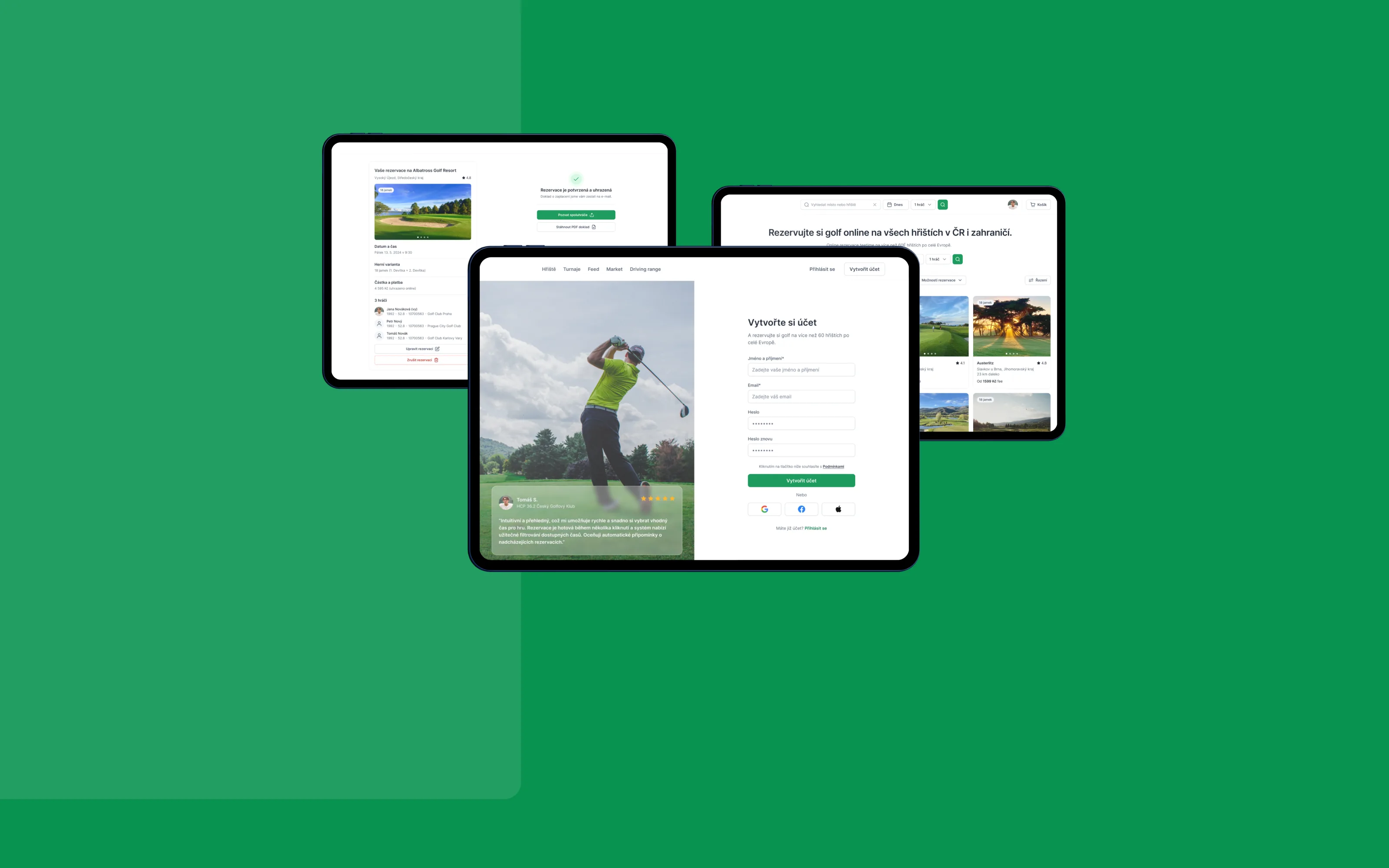 Three tablets on a two-tone green ground: a confirmed and paid reservation at a golf resort with the players listed, the sign-up form beside a golfer at the top of his swing with a five-star review, and the course listing inviting players to book online across the Czech Republic and abroad