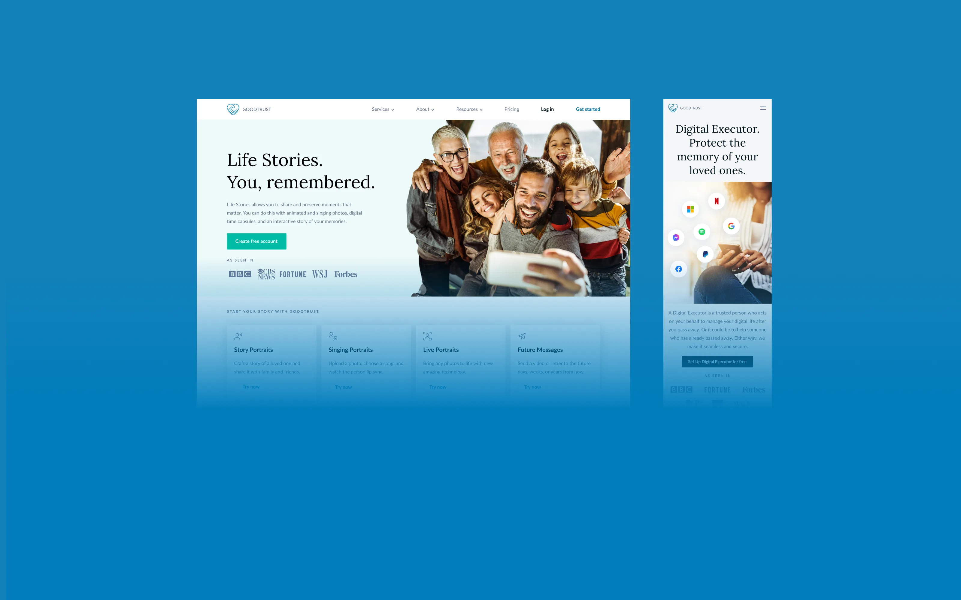 Web GoodTrust na modrém pozadí, obrazovky se ztrácejí do podkladu: desktopová domovská stránka s „Life Stories. You, remembered.“, smějící se rodinné selfie, loga médií As seen in a karty Story, Singing a Live Portraits. Vedle mobilní stránka Digital Executor s rukou, která drží telefon obklopený ikonami aplikací