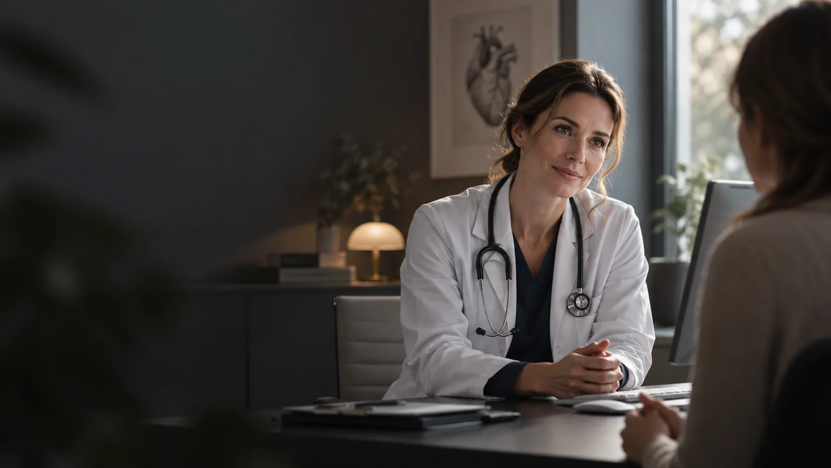 A doctor in a white coat with a stethoscope sits at her desk in a dim consulting room, smiling at the patient across from her, an anatomical heart drawing on the wall behind