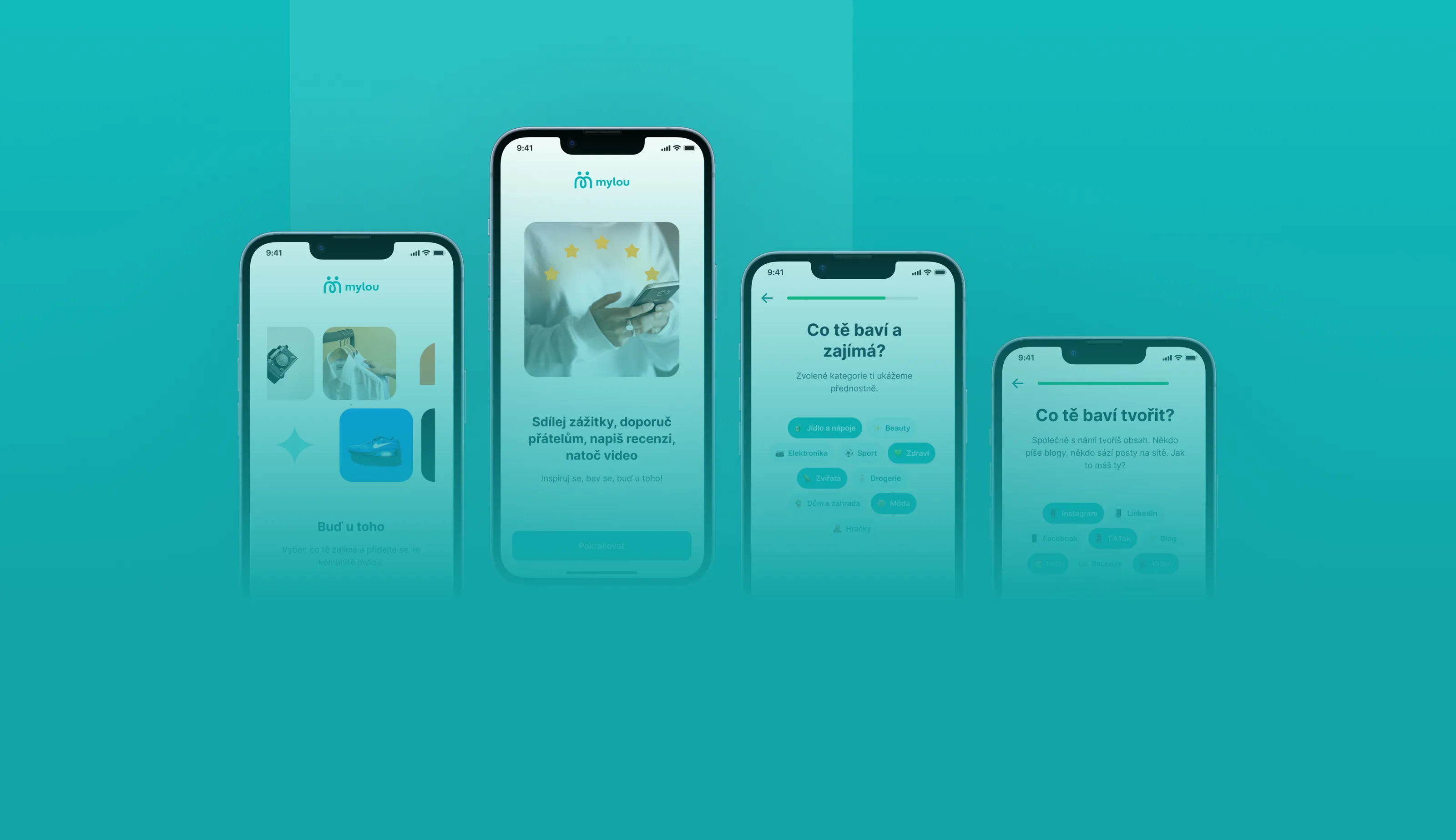 Four phones on teal, fading into the ground at the bottom, with the Mylou influencer app onboarding: Buď u toho with product tiles, Sdílej zážitky with a hand holding a phone under gold stars, Co tě baví a zajímá? interest chips and Co tě baví tvořit? platform chips