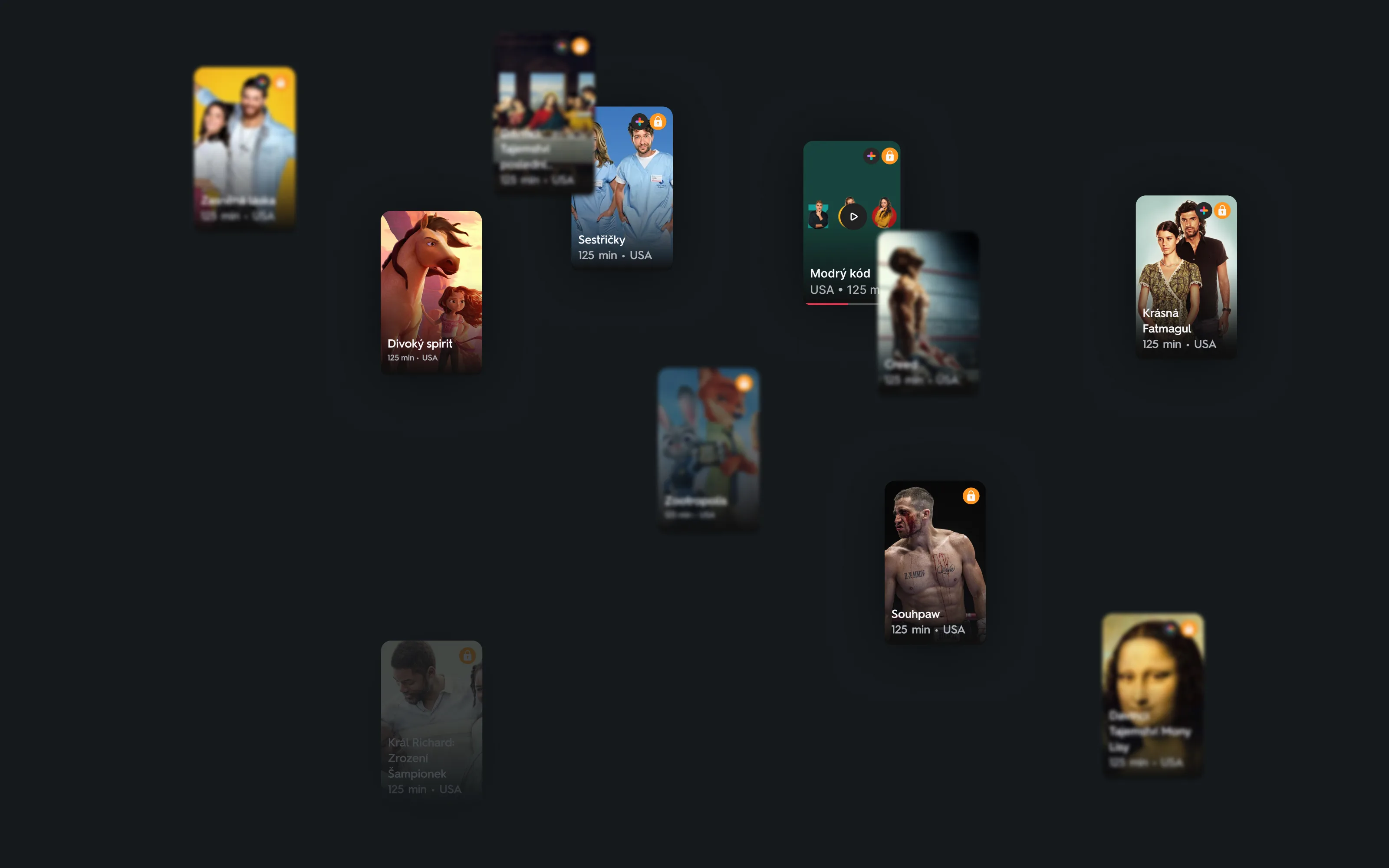 A dark wall of floating Prima+ title cards — Sestřičky, Modrý kód, Divoký spirit, Space Jam, Král Richard, Souhpaw, Krásná Fatmagul and more — some sharp, some blurred into the depth, each with a 125 min · USA label and a lock badge