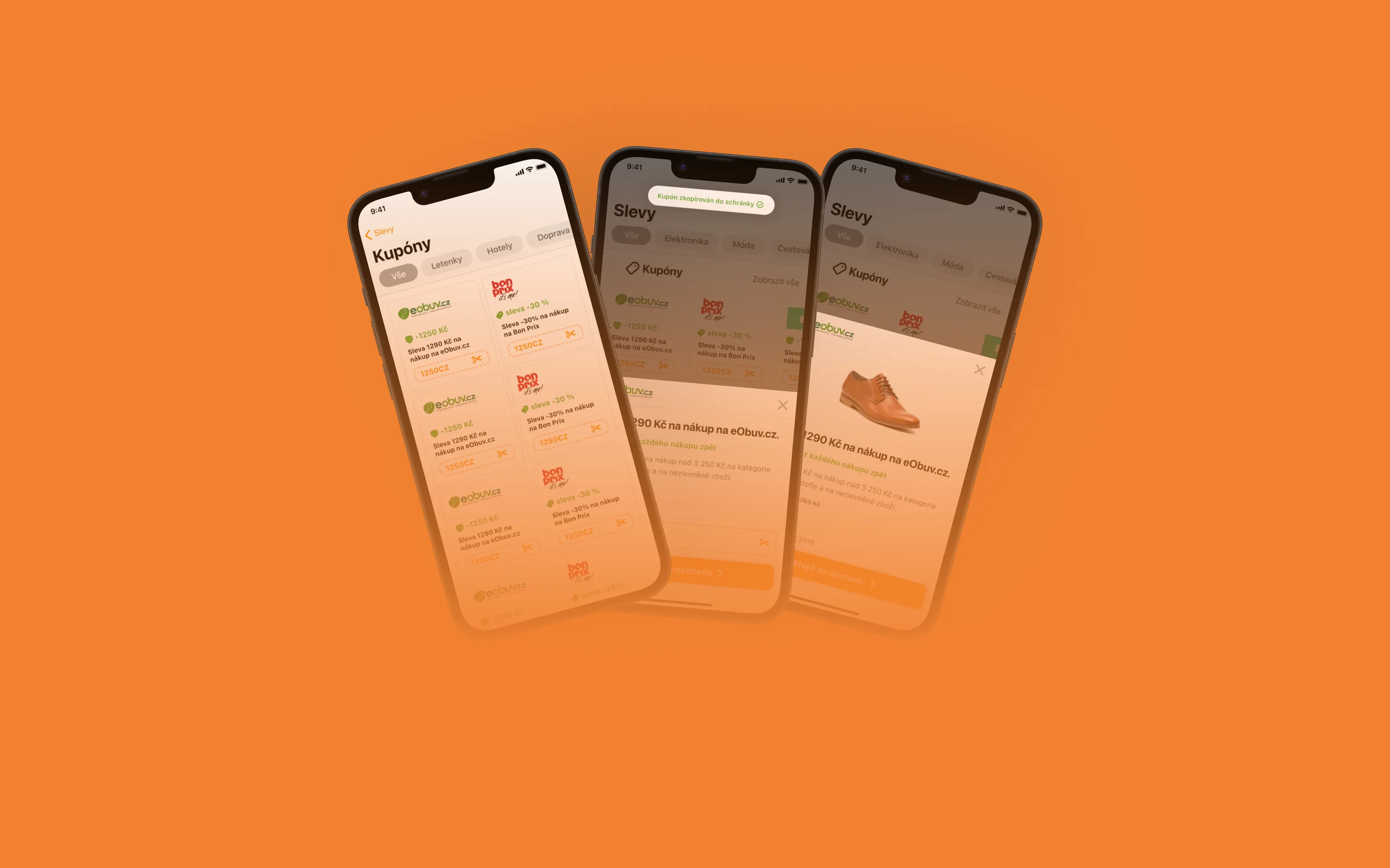 Three phones on Tipli orange, their screens fading into the ground: the Kupóny list with eobuv.cz and Bonprix coupon cards, the Slevy screen with a “Kupón zkopírován do schránky” toast, and a shoe deal for 1290 Kč off at eObuv.cz
