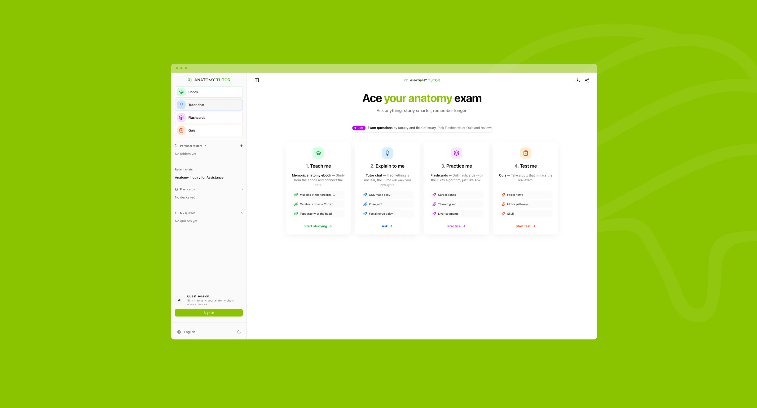 The Anatomy Tutor app home on lime green: the sidebar with Ebook, Tutor chat, Flashcards and Quiz, and “Ace your anatomy exam” with the four steps — Teach me from the Memorix anatomy ebook, Explain to me, Practice me, Test me