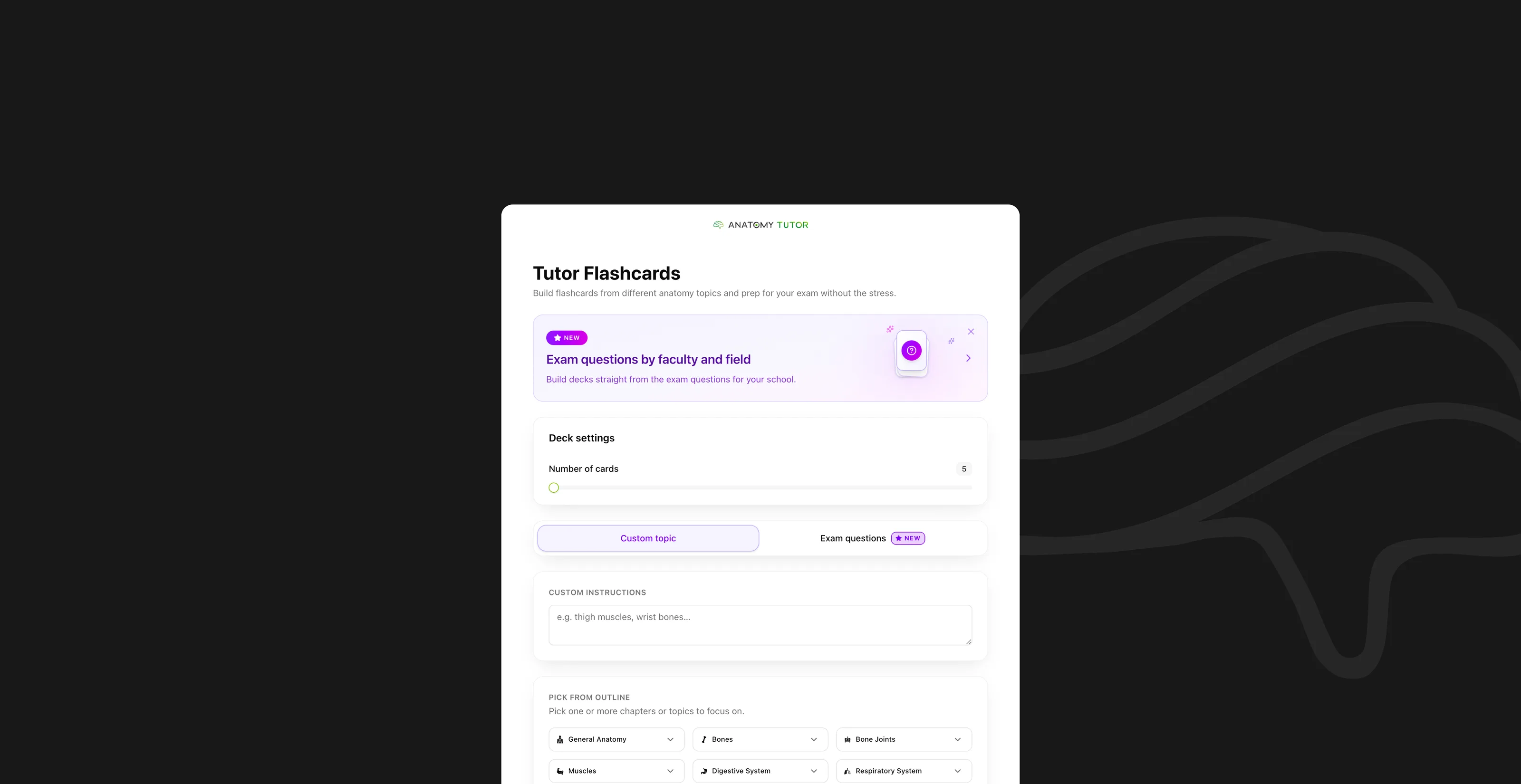The Tutor Flashcards screen on a dark ground: deck settings with the number of cards, the new exam-questions-by-faculty banner, custom instructions and the pick-from-outline chapters — general anatomy, bones, joints, muscles