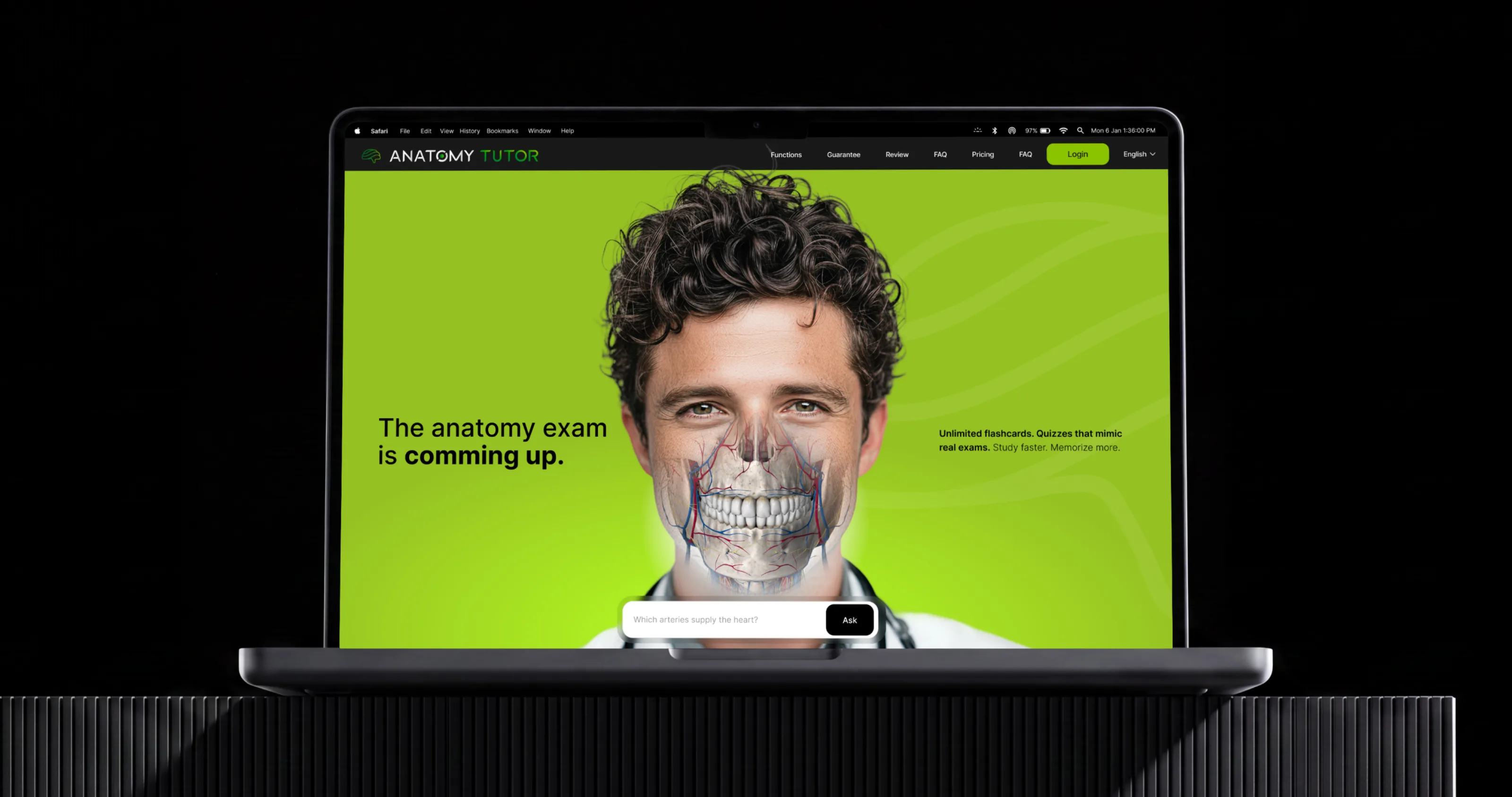 A laptop on a black desk with the Anatomy Tutor landing page on a lime ground: “The anatomy exam is coming up.”, a portrait of a smiling young doctor whose lower face is revealed as an anatomical skull with red and blue vessels, the ask field “Which arteries supply the heart?” and the promise of unlimited flashcards and exam-style quizzes