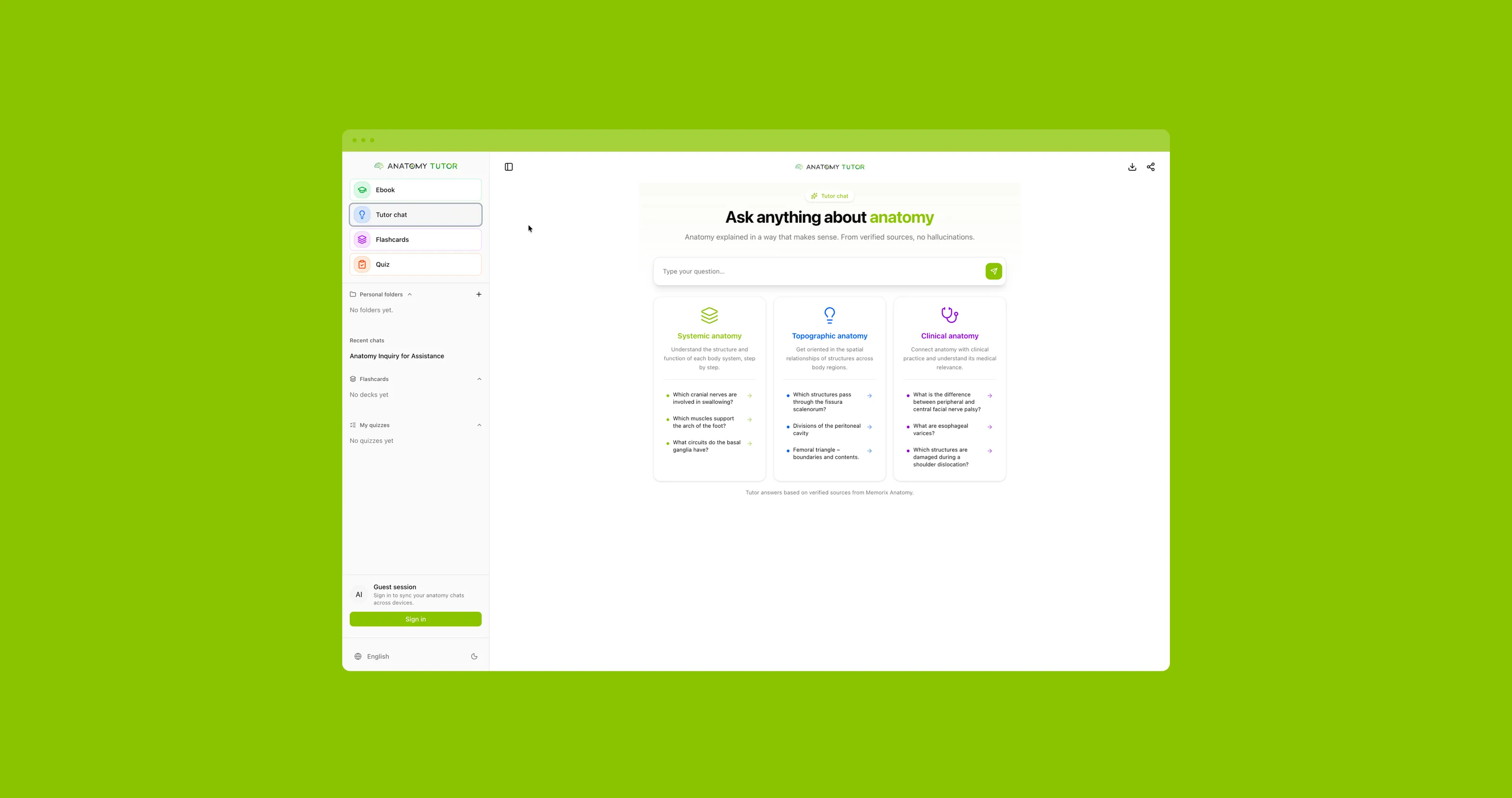 The Tutor chat screen on lime green: “Ask anything about anatomy — from verified sources, no hallucinations”, a question field and three starter cards for systemic, topographic and clinical anatomy