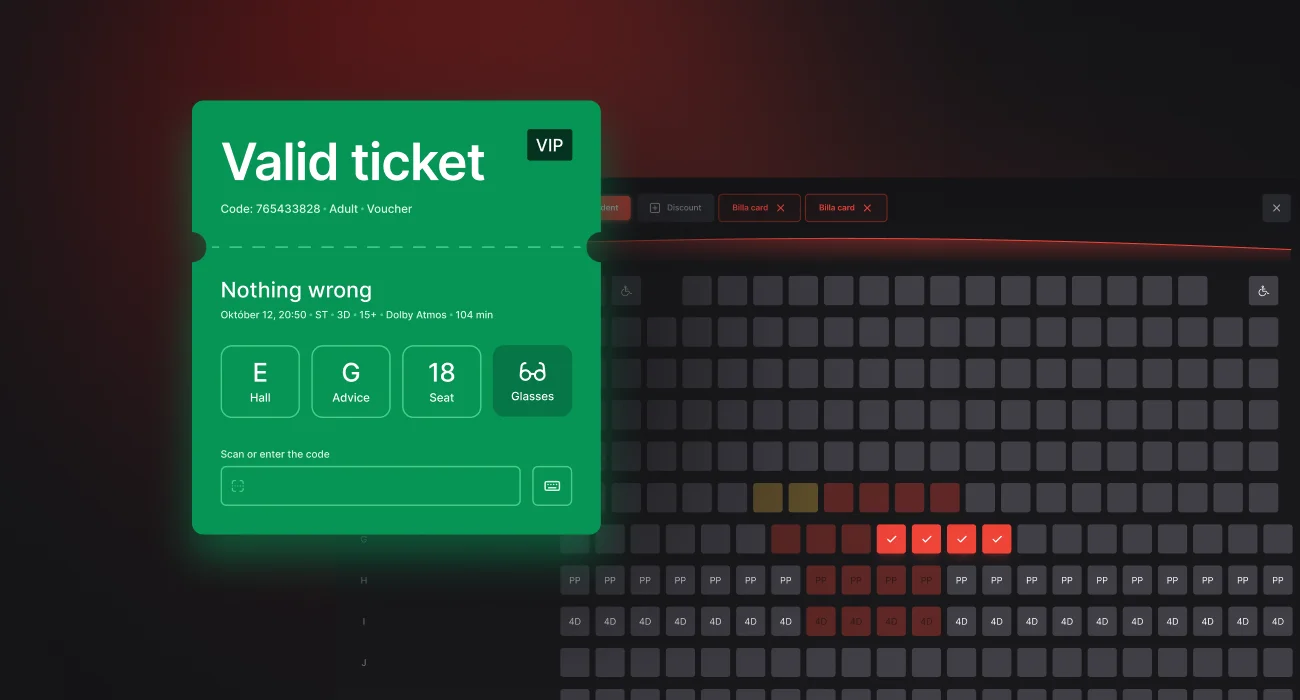 Ticket-check screen: a valid VIP ticket beside the hall's seating plan