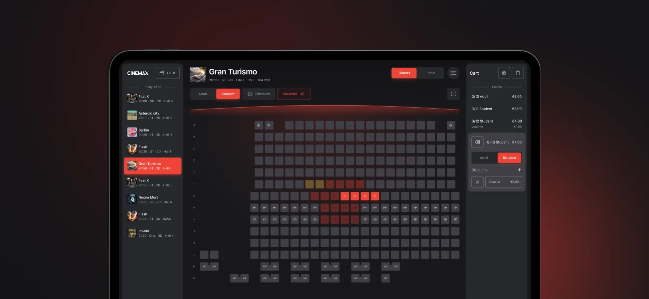 The box-office seating plan on a tablet, with four selected seats in the cart