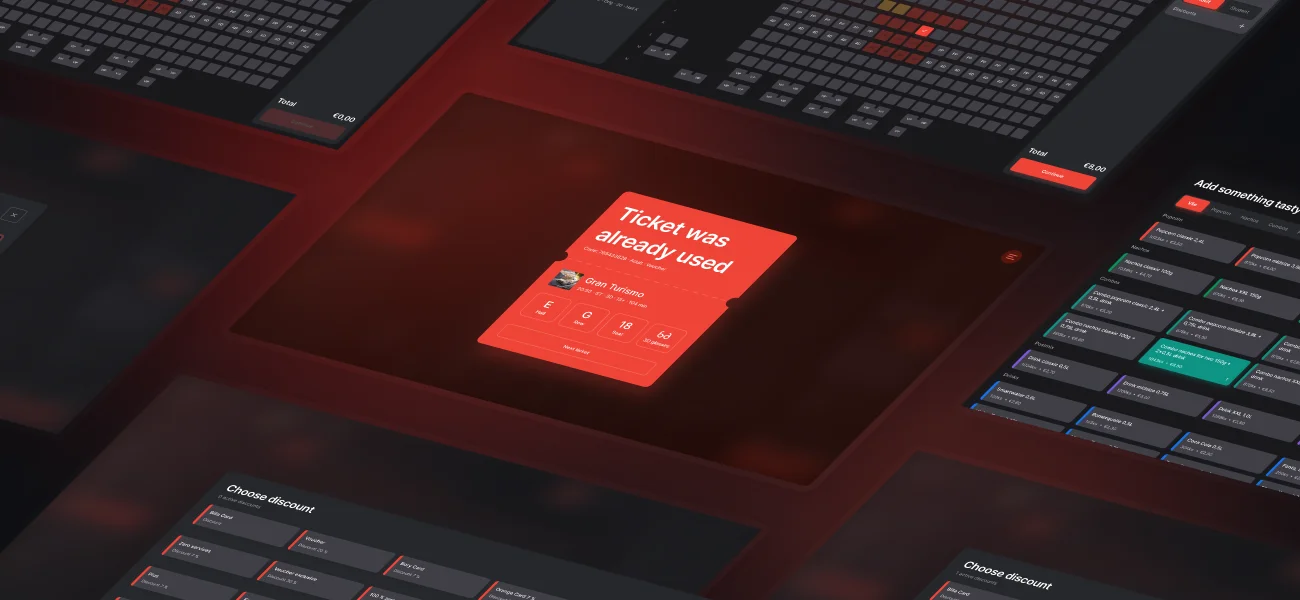 Seven POS screens — seating plans, concessions, discounts and ticket checks