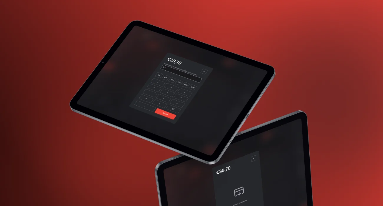 The POS running on two tablets, taking a card payment