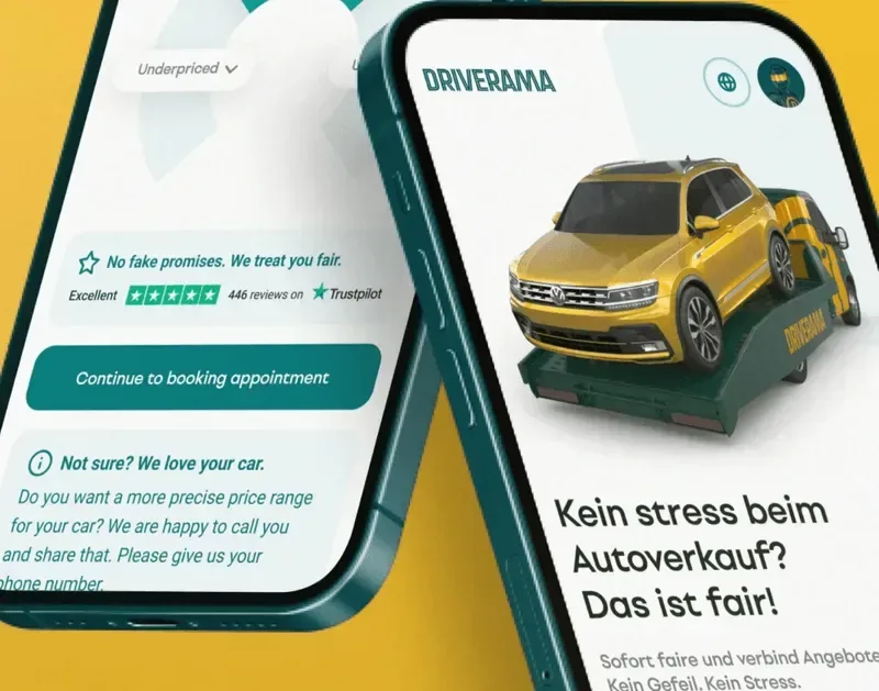 Dvě obrazovky aplikace Driverama na žlutém a tyrkysovém pozadí: kampaň „Kein Stress beim Autoverkauf? Das ist fair!“ se žlutým autem a rezervace s textem „No fake promises. We treat you fair.“ a tlačítkem Continue to booking appointment