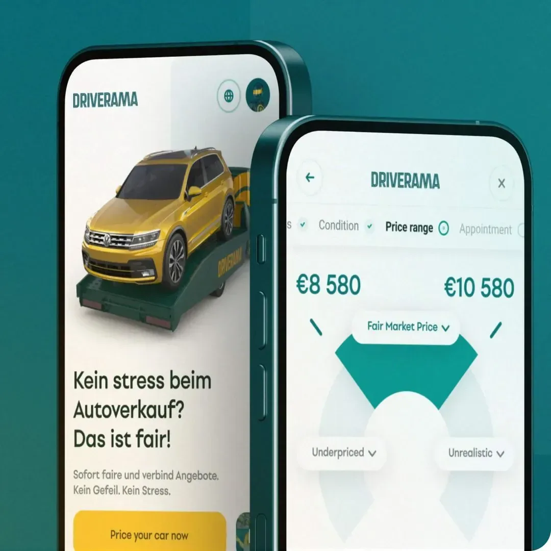 Dva telefony na petrolejovém pozadí: obrazovka Driverama „Kein Stress beim Autoverkauf?“ se žlutým autem a férové tržní rozpětí ceny €8 580 až €10 580 se značkami Underpriced a Unrealistic