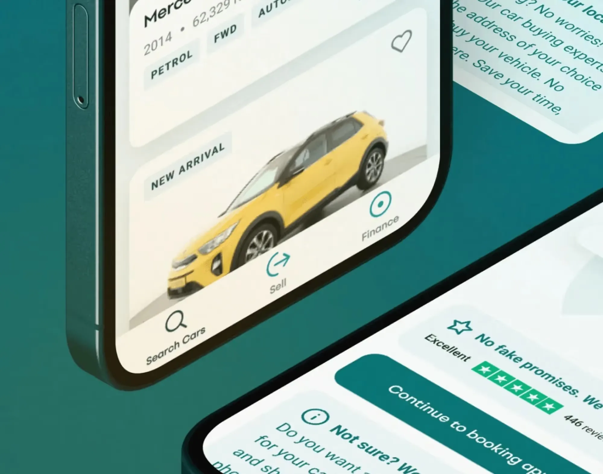 Telefon na petrolejovém pozadí s aplikací Driverama: inzerát New arrival se žlutým autem (Mercedes, 2014, benzin, pohon předních kol), záložky Search cars, Sell a Finance a banner z Trustpilotu „No fake promises“