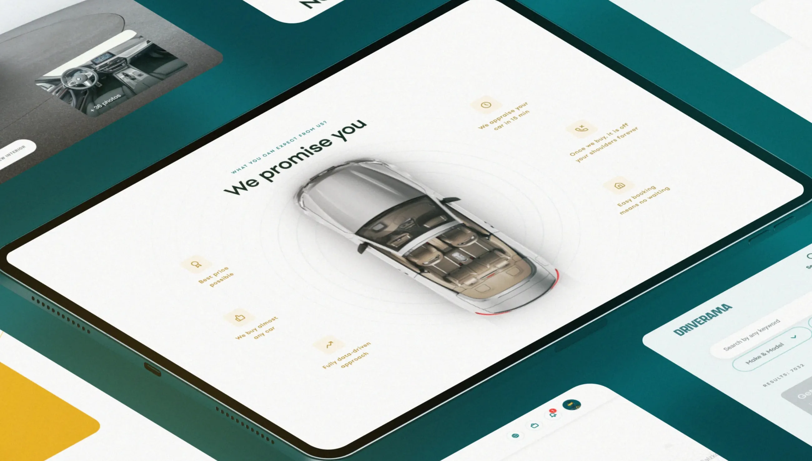 Tablet na petrolejovém pozadí, natočený šikmo, s webovým přehledem Driverama „We promise you“: auto vyfocené shora a šest ikon se sliby (nejlepší cena, vykoupíme skoro každé auto, přístup založený na datech, ocenění za 15 minut, snadná rezervace). Po okrajích karta s fotkou interiéru auta a telefon s vyhledáváním Driverama
