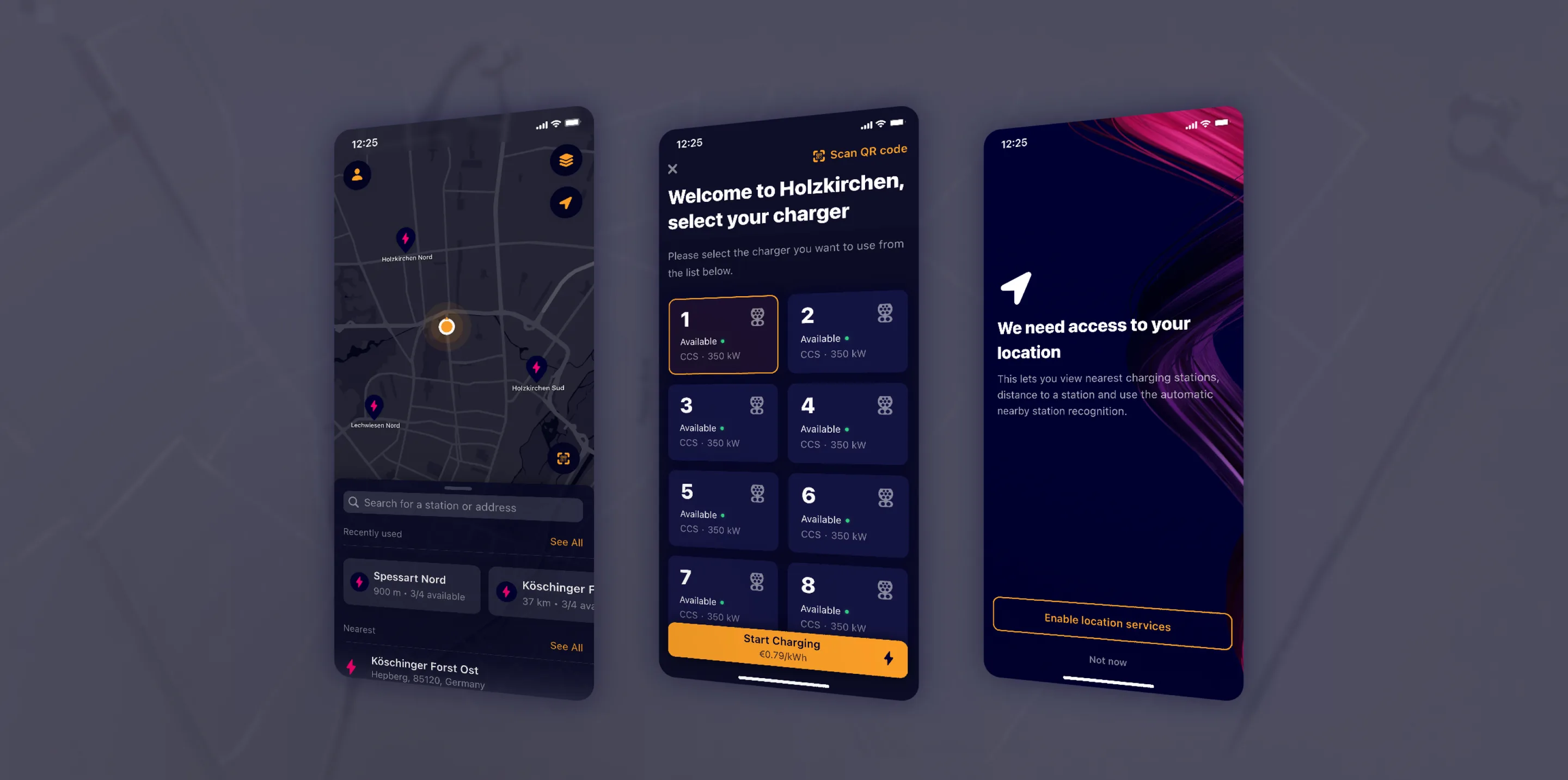Three dark app screens on a grey map ground: the station map with recently used and nearest stations, the select-your-charger grid with a Start Charging button at €0.79/kWh, and the location-access prompt