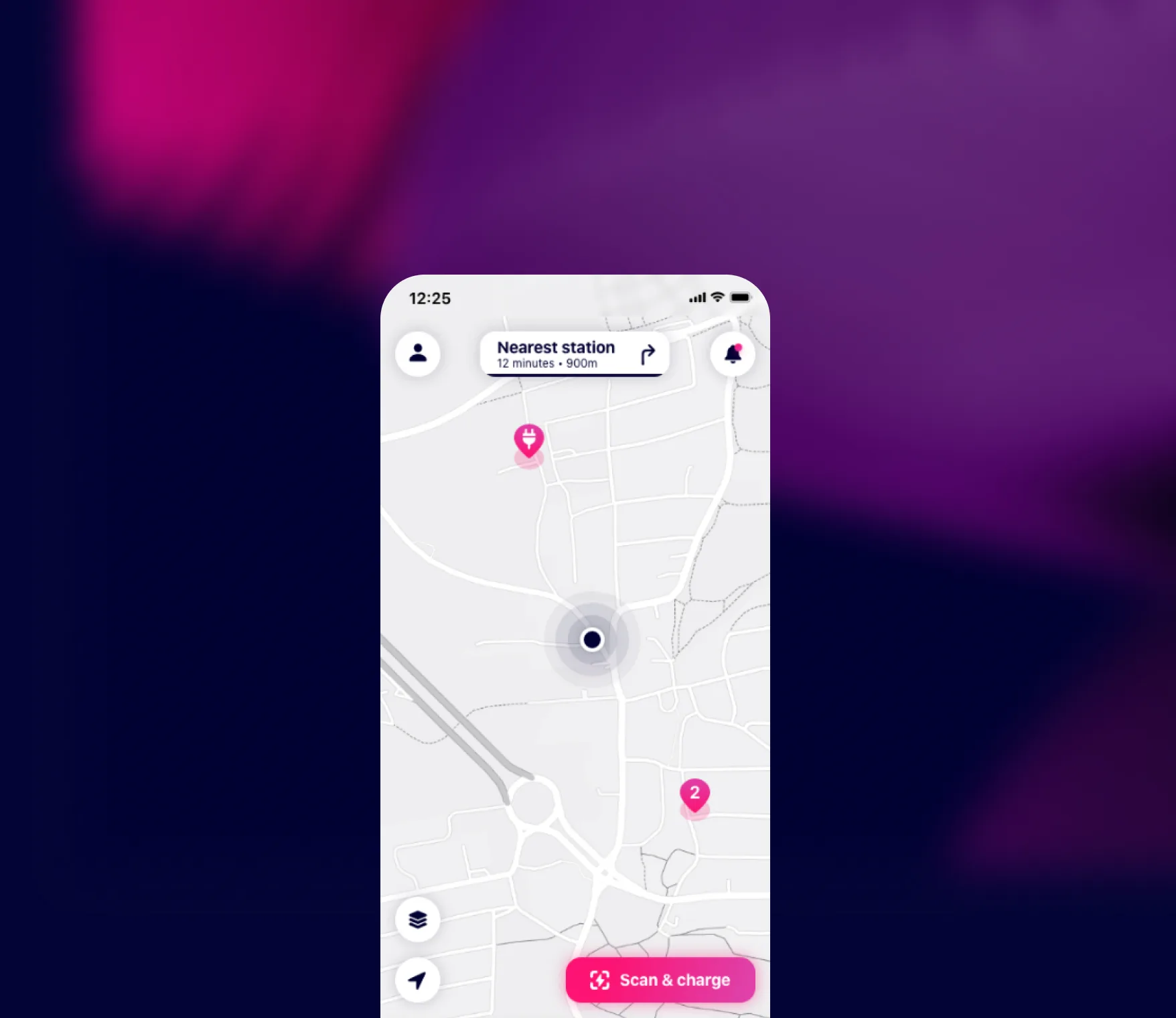 A light map screen on navy with a magenta glow: the nearest station 12 minutes away, the location dot, a pin with two chargers and a magenta Scan & charge button