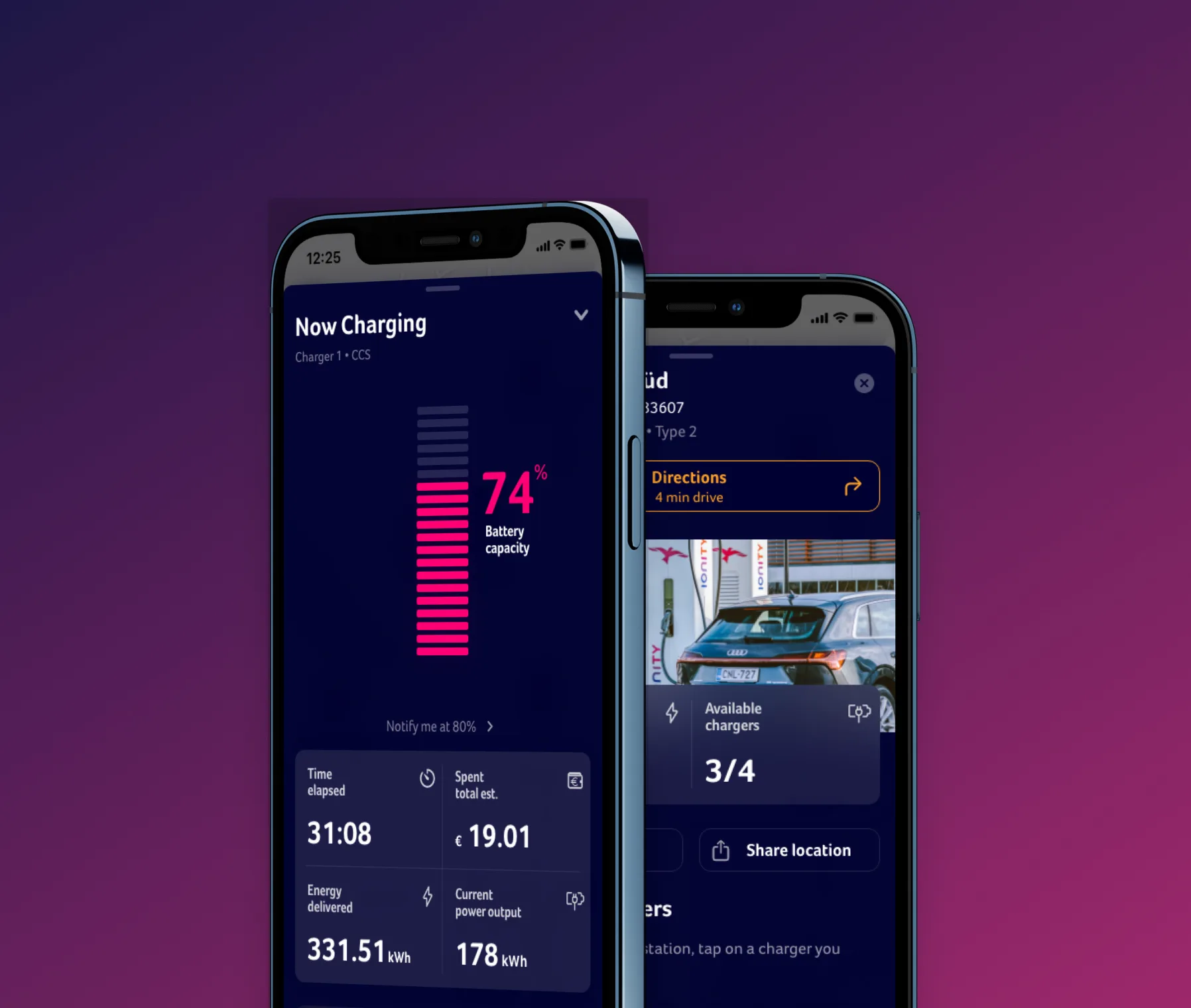 Two dark screens on purple-to-magenta: Now Charging with 74% battery capacity, time elapsed, spent and energy delivered, and a station card with directions, a photo of a car at the chargers and available chargers 3/4