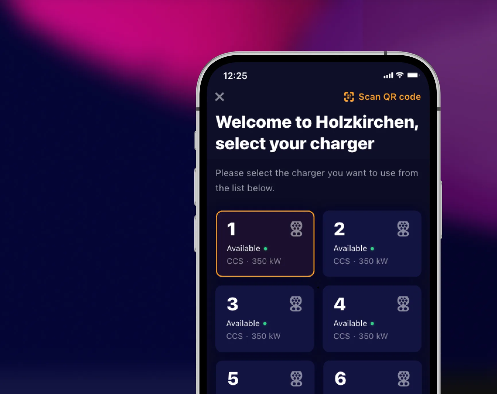 A phone on navy with a magenta glow: the select-your-charger screen with a Scan QR code link and numbered chargers marked available, CCS 350 kW