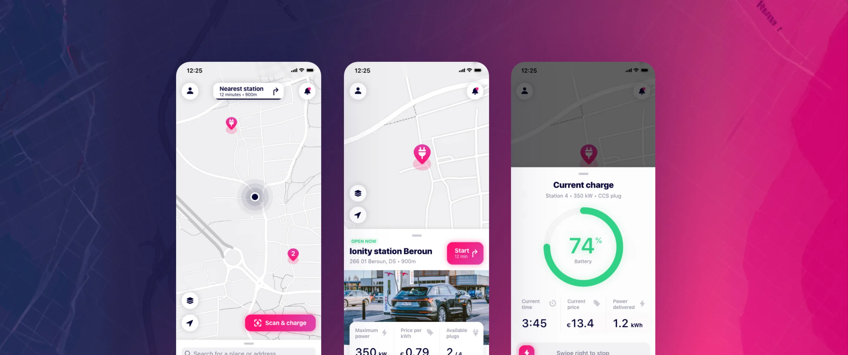 Three light app screens on a violet-to-magenta ground: the nearest-station map with a Scan & charge button, a station detail with a photo of a car at the chargers, maximum power, price per kWh and a Start button, and the current charge at 74% with time, cost and energy delivered