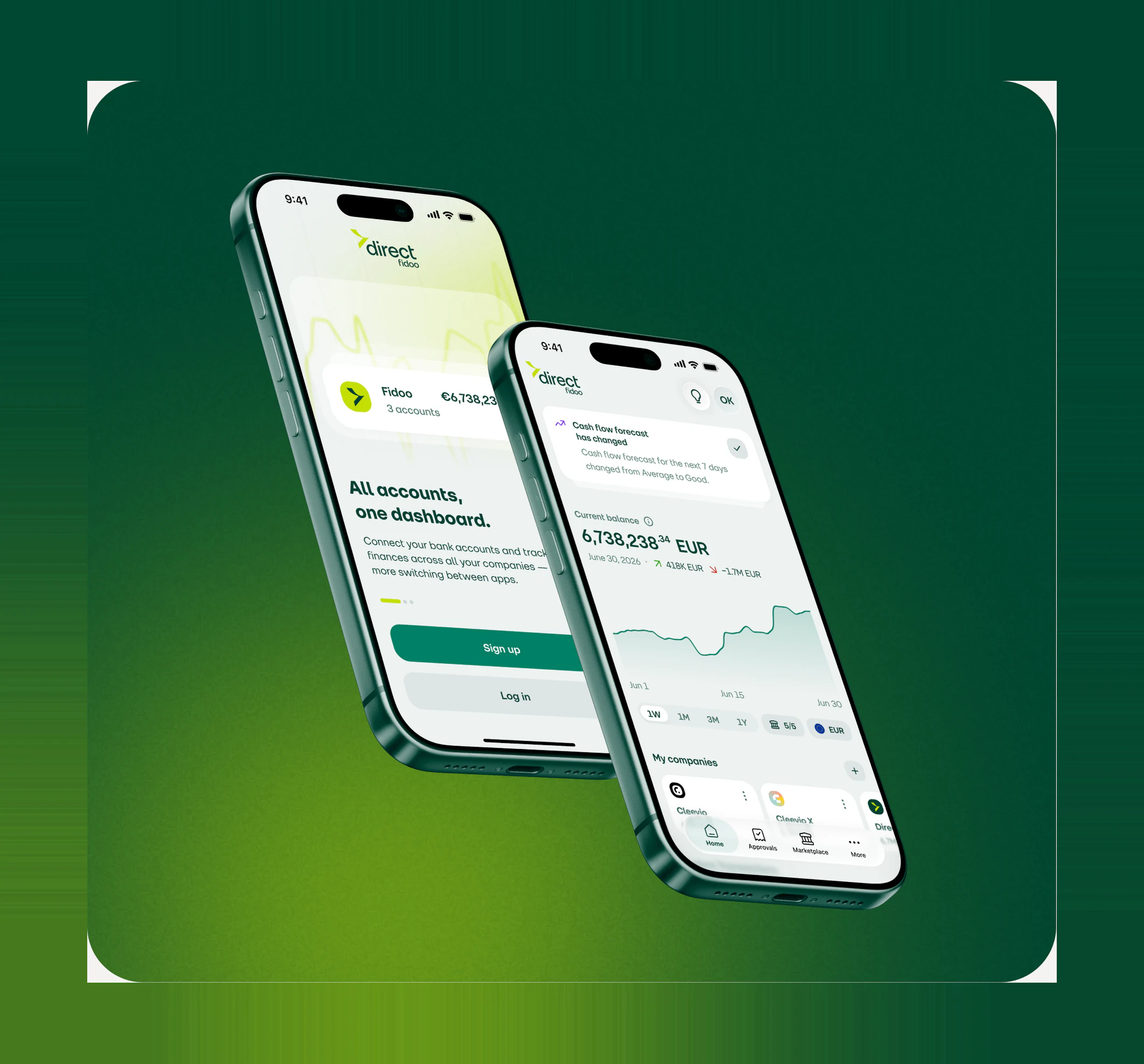 Two phones showing the Fidoo mobile app — account overview and cash-flow forecast