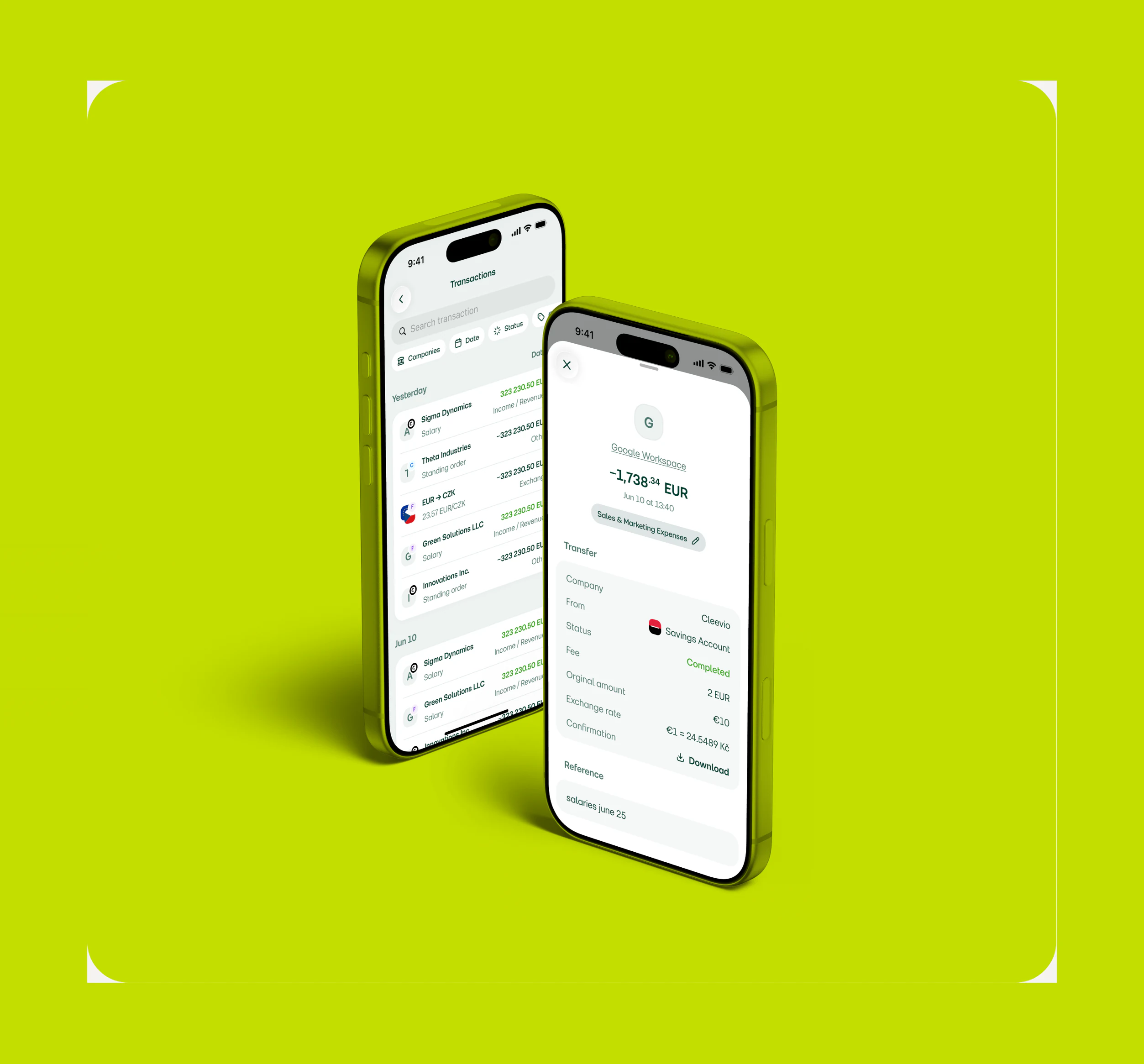 Two phones showing the Fidoo mobile transaction list and transaction detail
