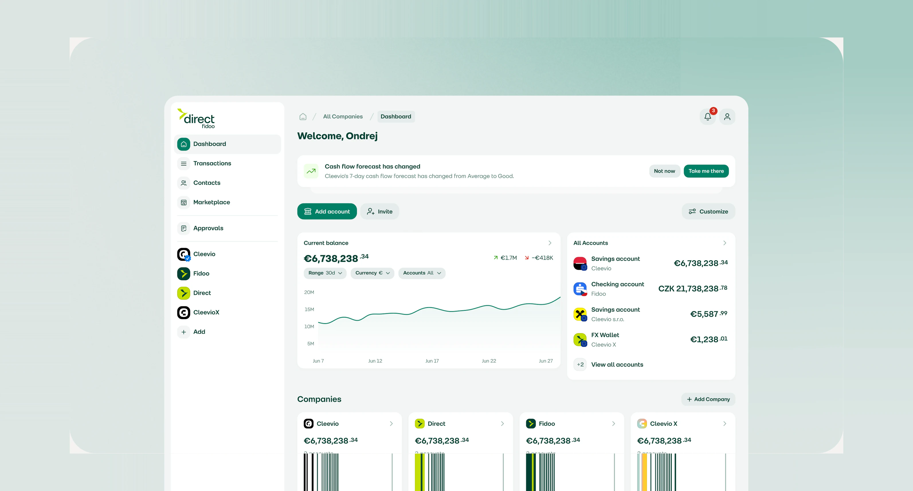 The Fidoo web main dashboard — balances, companies and the cash-flow chart