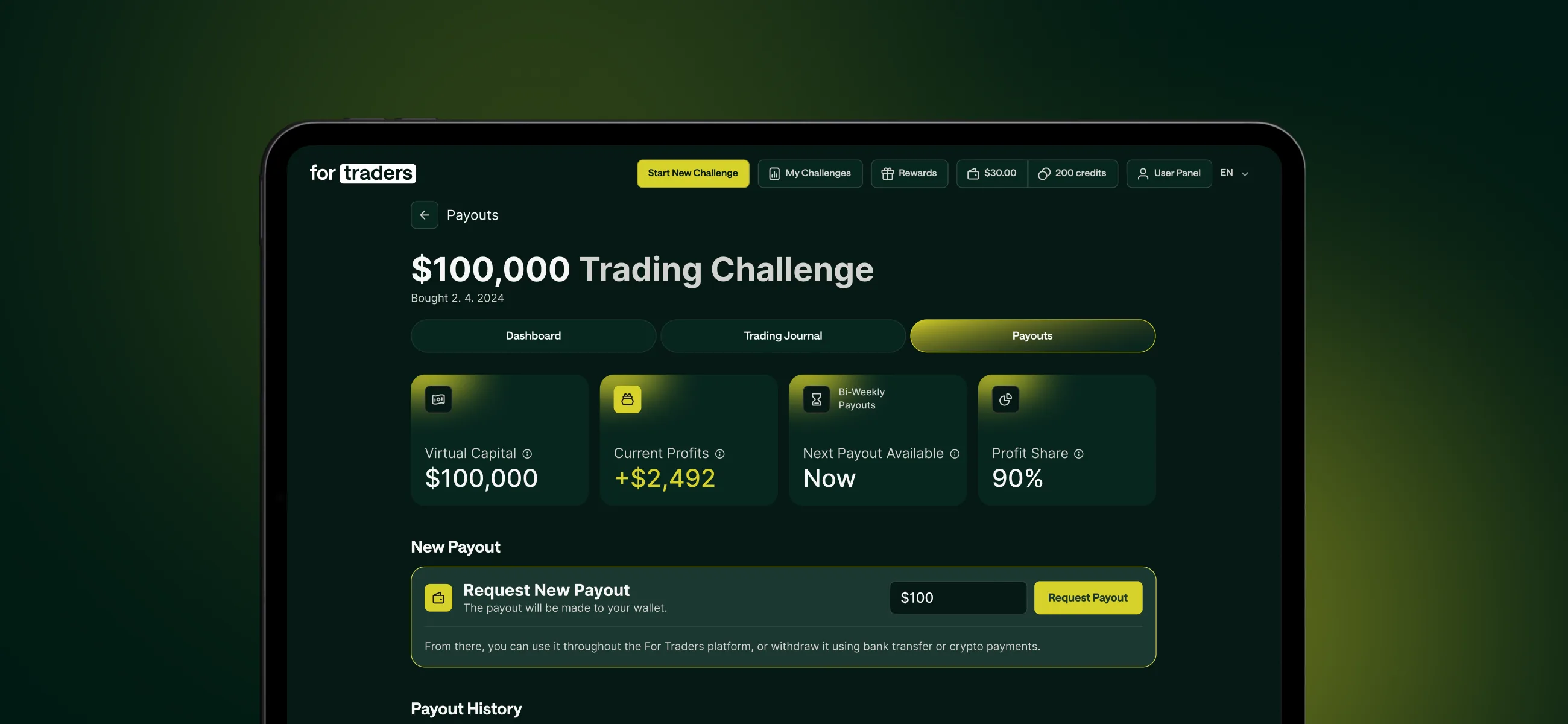 The ForTraders web app on the $100,000 Trading Challenge payouts tab: virtual capital, current profits, next payout, profit share, a Request New Payout form and the payout history