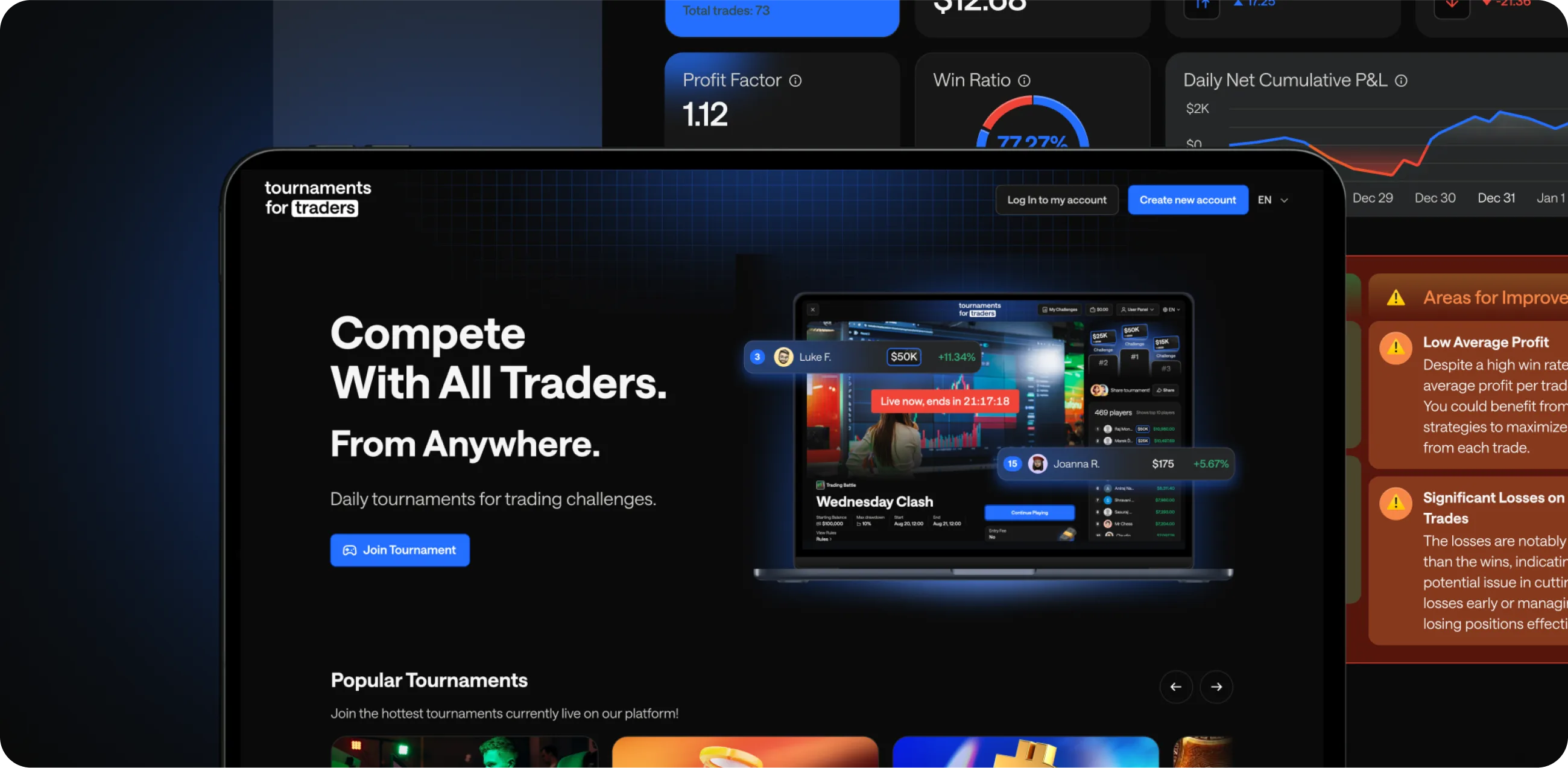 A laptop with the Tournaments for Traders landing page — Compete With All Traders. From Anywhere. — with a Join Tournament button and popular tournaments below