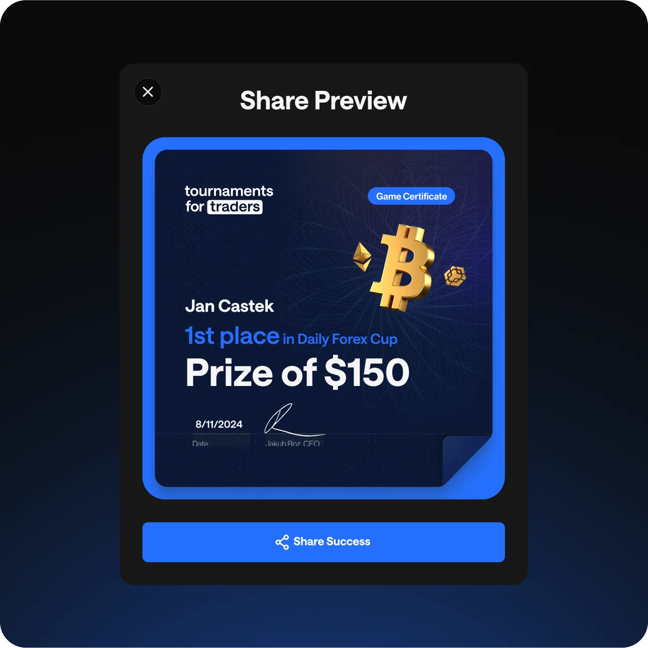 A Share Preview card with a Tournaments for Traders game certificate: Jan Castek, 1st place in Daily Forex Cup, prize of $150, and a Share Success button