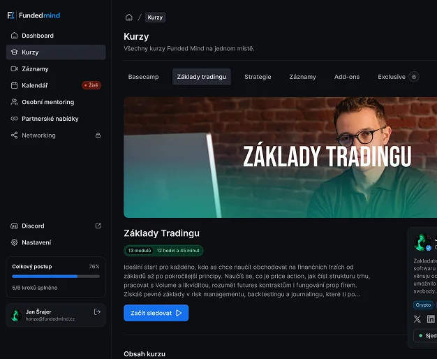 The course library — Basecamp, trading basics, strategies and add-ons in tabs