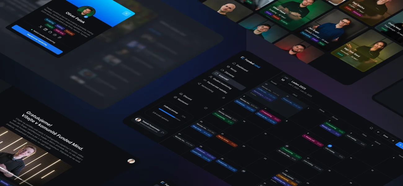Onboarding welcome, the mentor gallery and the monthly calendar of calls, fanned out in perspective