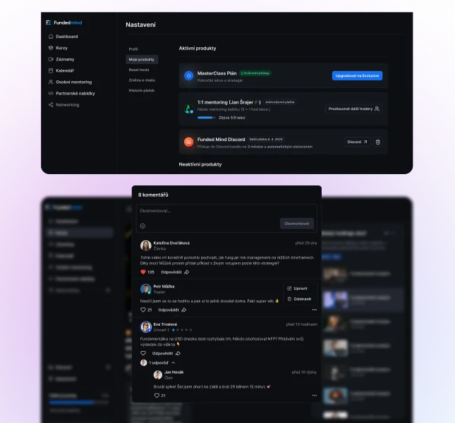 A comment thread under a lesson — members replying to each other, with the account settings above