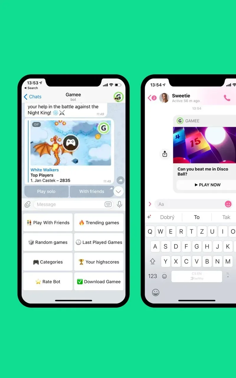 Two phones on signal green: the GAMEE chat bot with the top players and Play now, and a messenger thread inviting a friend to a game