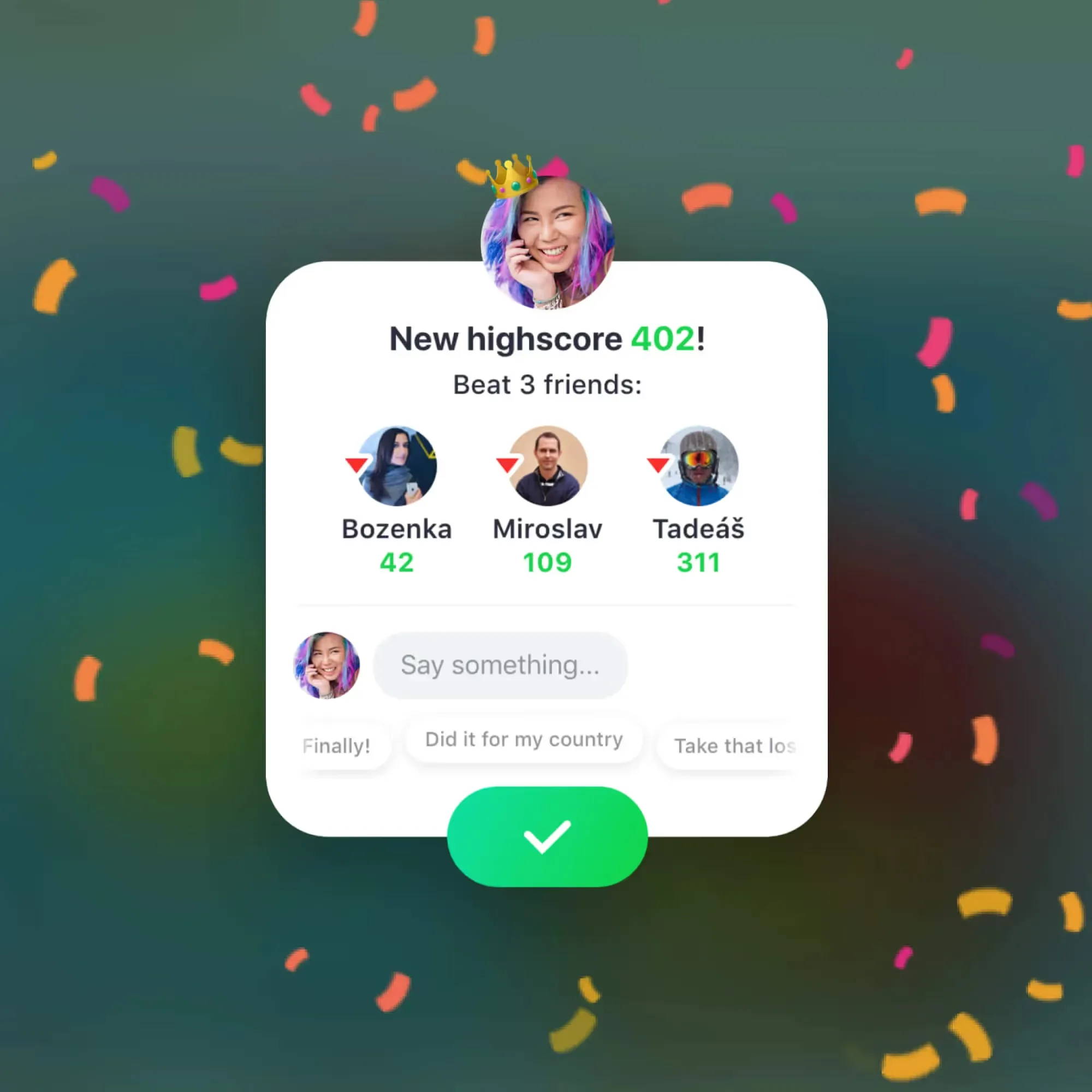 The New highscore 402! card — Beat 3 friends: Bozenka, Miroslav and Tadeáš with their scores — over confetti, with a Say something field
