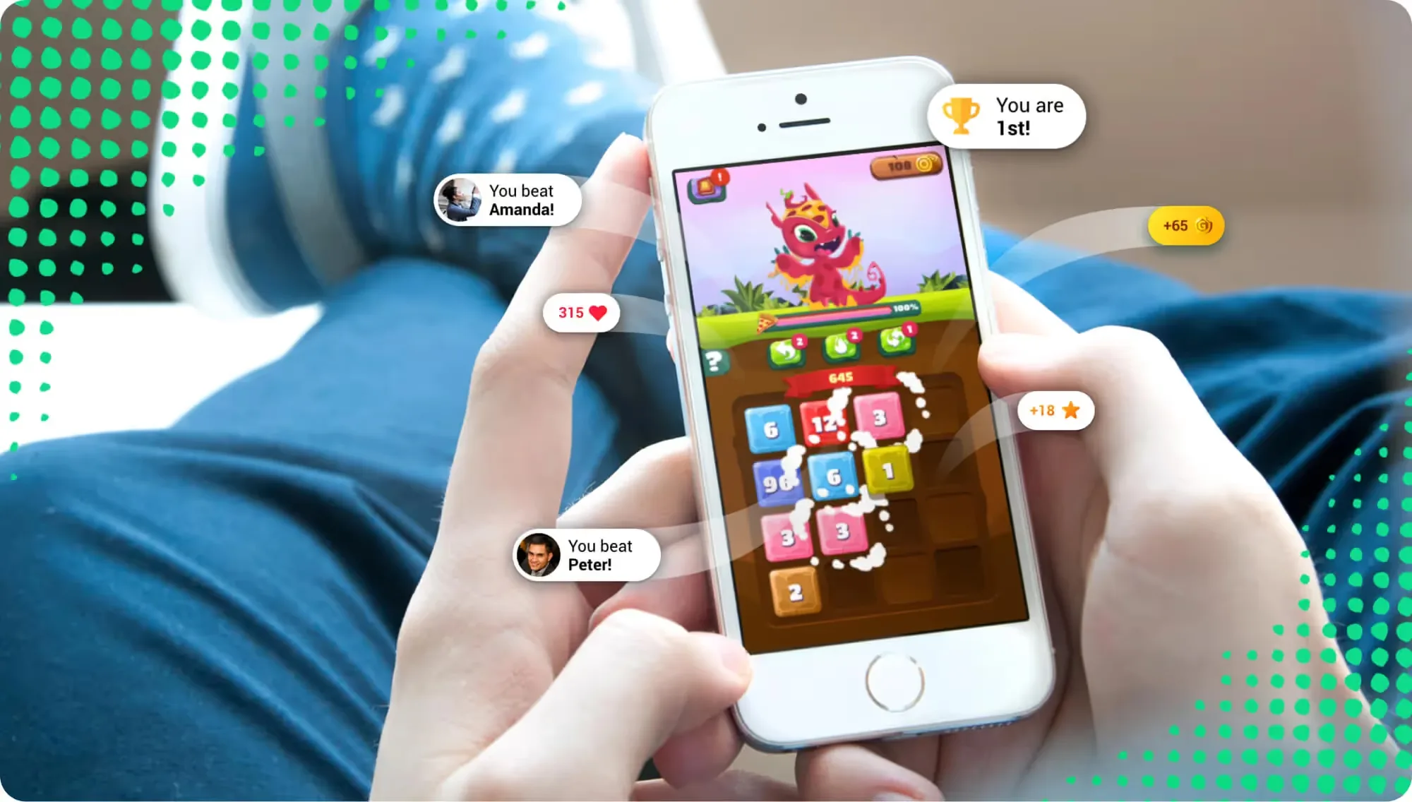 Hands holding a phone mid-game with You beat Amanda!, You beat Peter! and You are 1st! bubbles around it