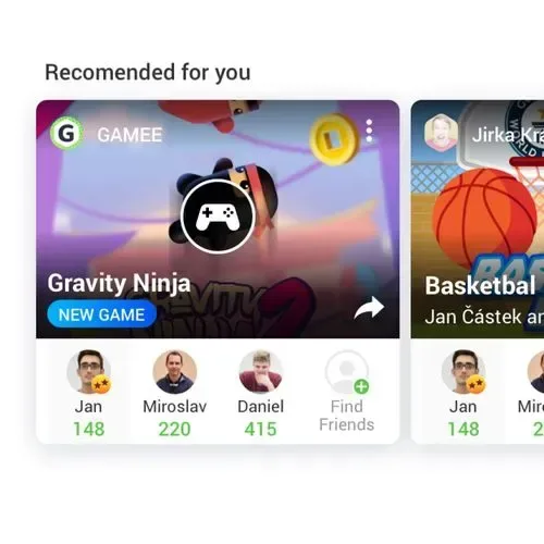 The Recommended for you row: Gravity Ninja marked New game and Basketball, with friends' scores underneath
