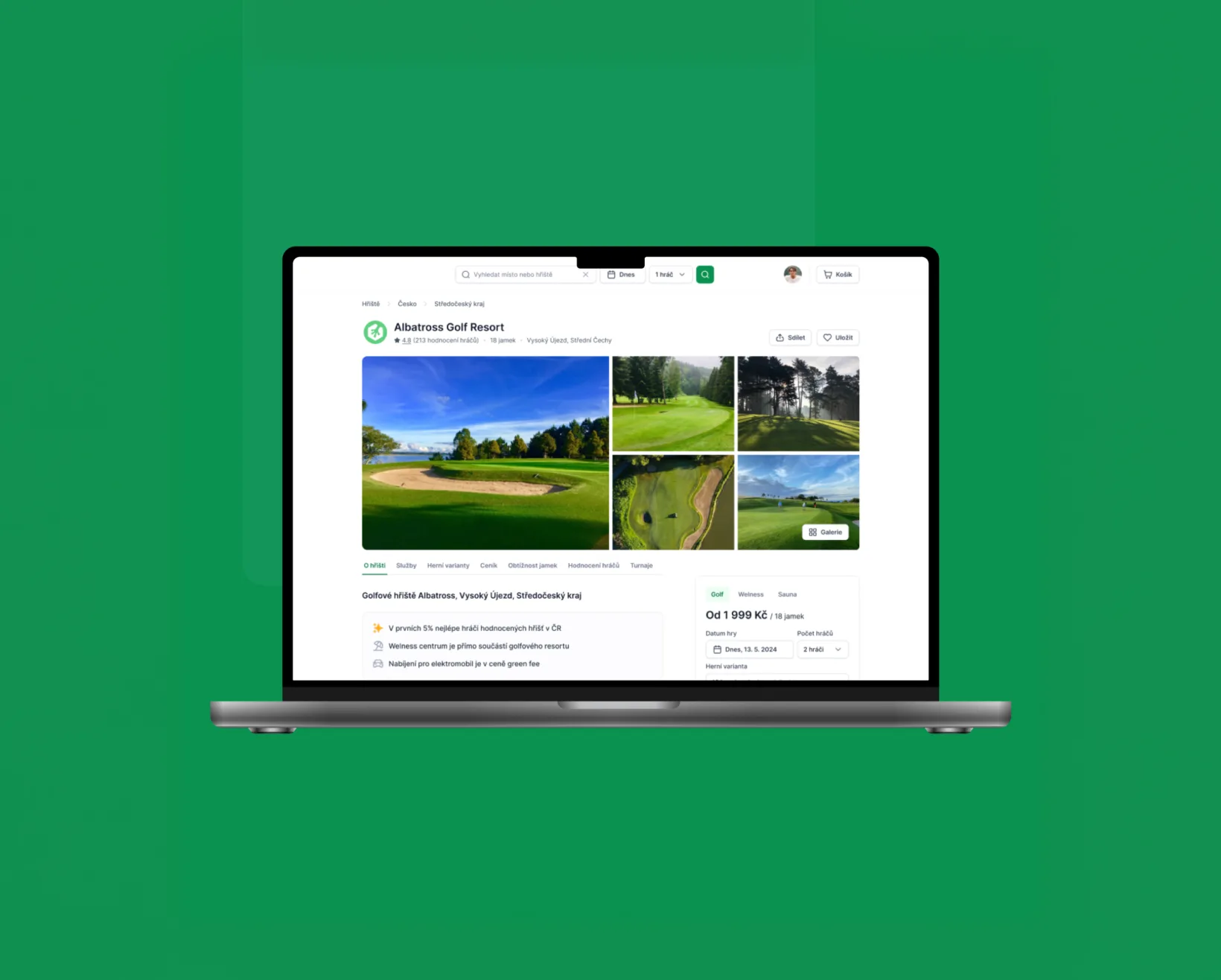 A laptop on green showing a golf resort's course detail: a photo gallery of the fairways, the About / Services / Pricing tabs, its highlights and the booking panel with price per 18 holes, date and number of players