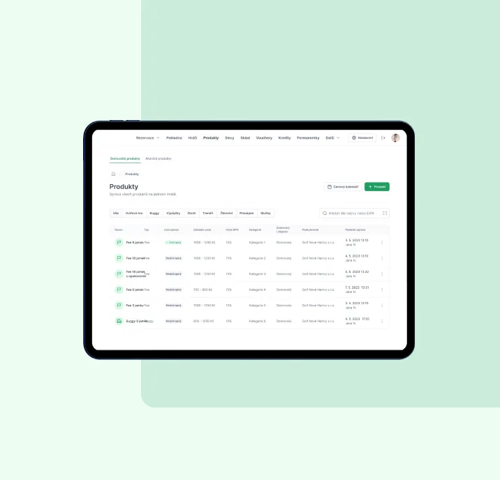 A tablet on pale green with the Products table of the system: fee and buggy items with availability, base price, VAT, category and provider