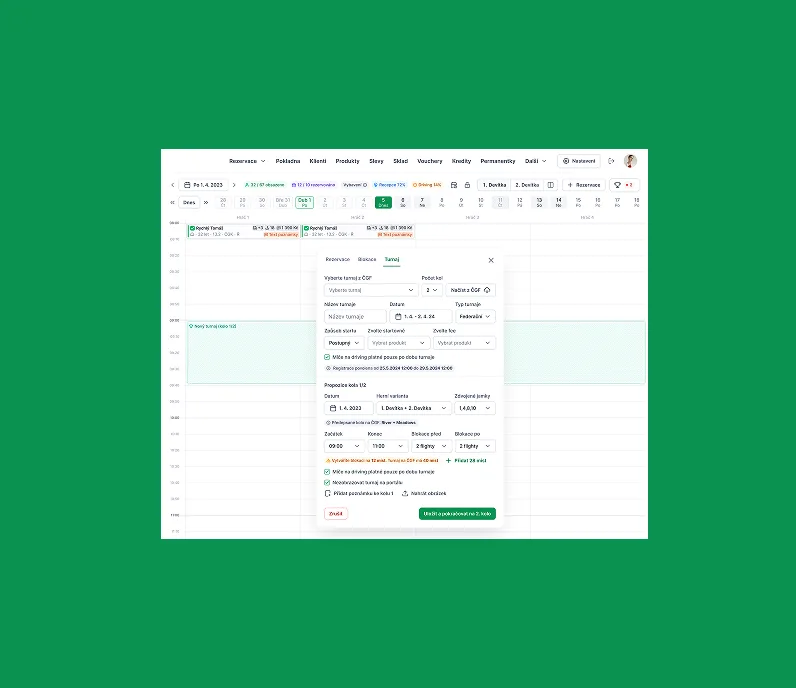 The reservations calendar on green with the tournament form open over it: tournament from the federation, name, date, start type, fee and round settings