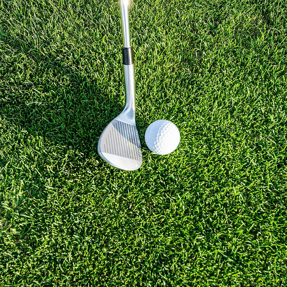 A wedge standing behind a golf ball on sunlit cut grass, seen from above