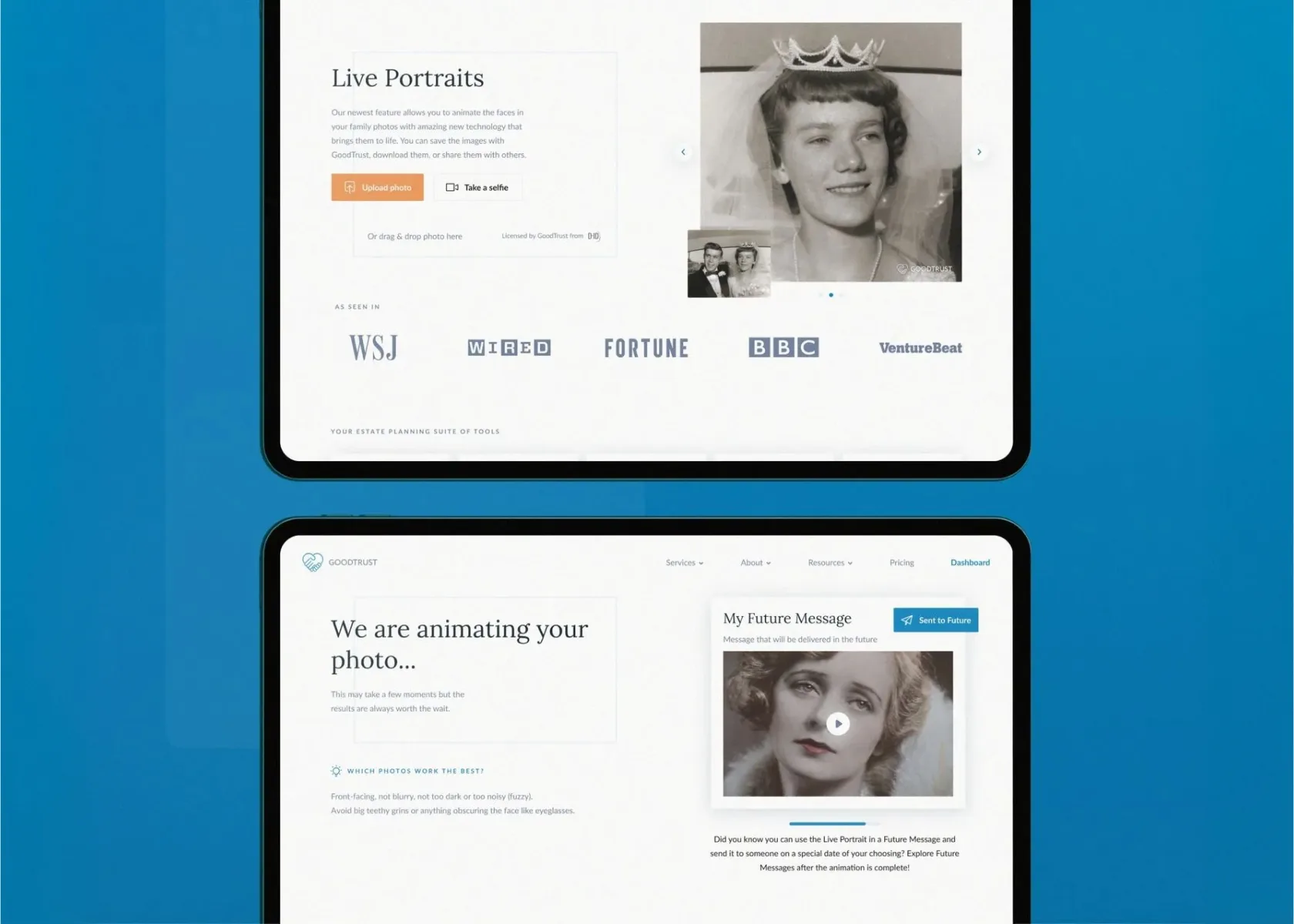 Dva tablety na modrém pozadí: stránka Live Portraits s dobovou svatební fotkou a logy WSJ, Wired, Fortune, BBC a VentureBeat a obrazovka „We are animating your photo“ s náhledem Future Message