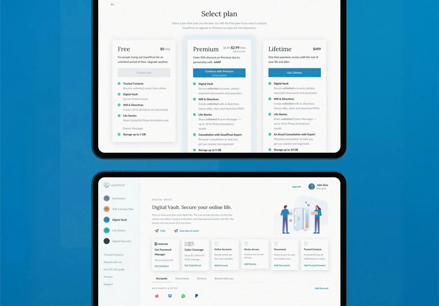 Dva tablety na modrém pozadí: obrazovka Select plan s tarify Free, Premium a Lifetime a přehled Digital Vault „Secure your online life“ se správcem hesel, kybernetickým pojištěním, účty, zařízeními, dokumenty a důvěryhodnými kontakty