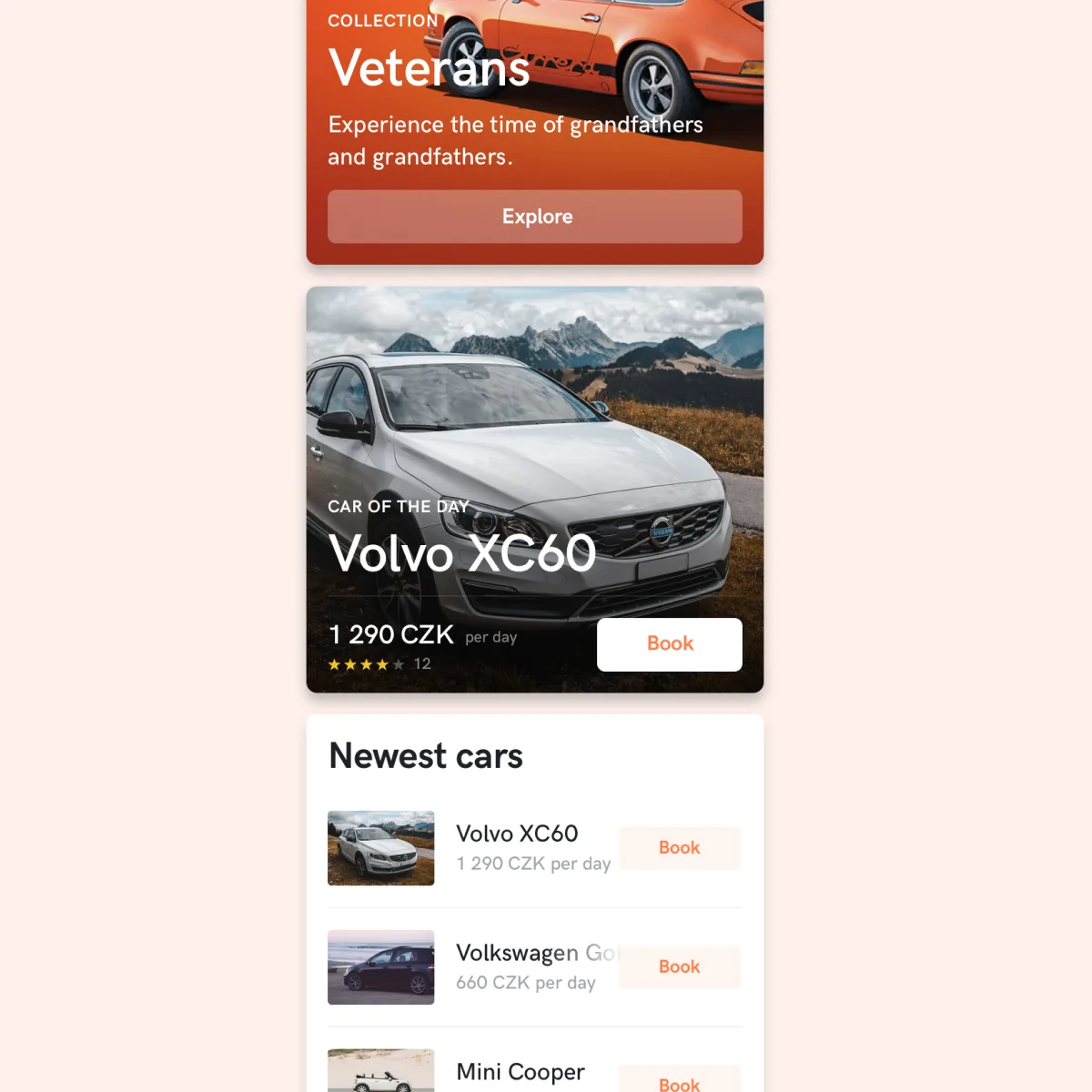 The HoppyGo app home on pale peach: a Veterans collection card, Car of the day — Volvo XC60 for 1 290 CZK — and a Newest cars list with a Volkswagen Golf and a Mini Cooper