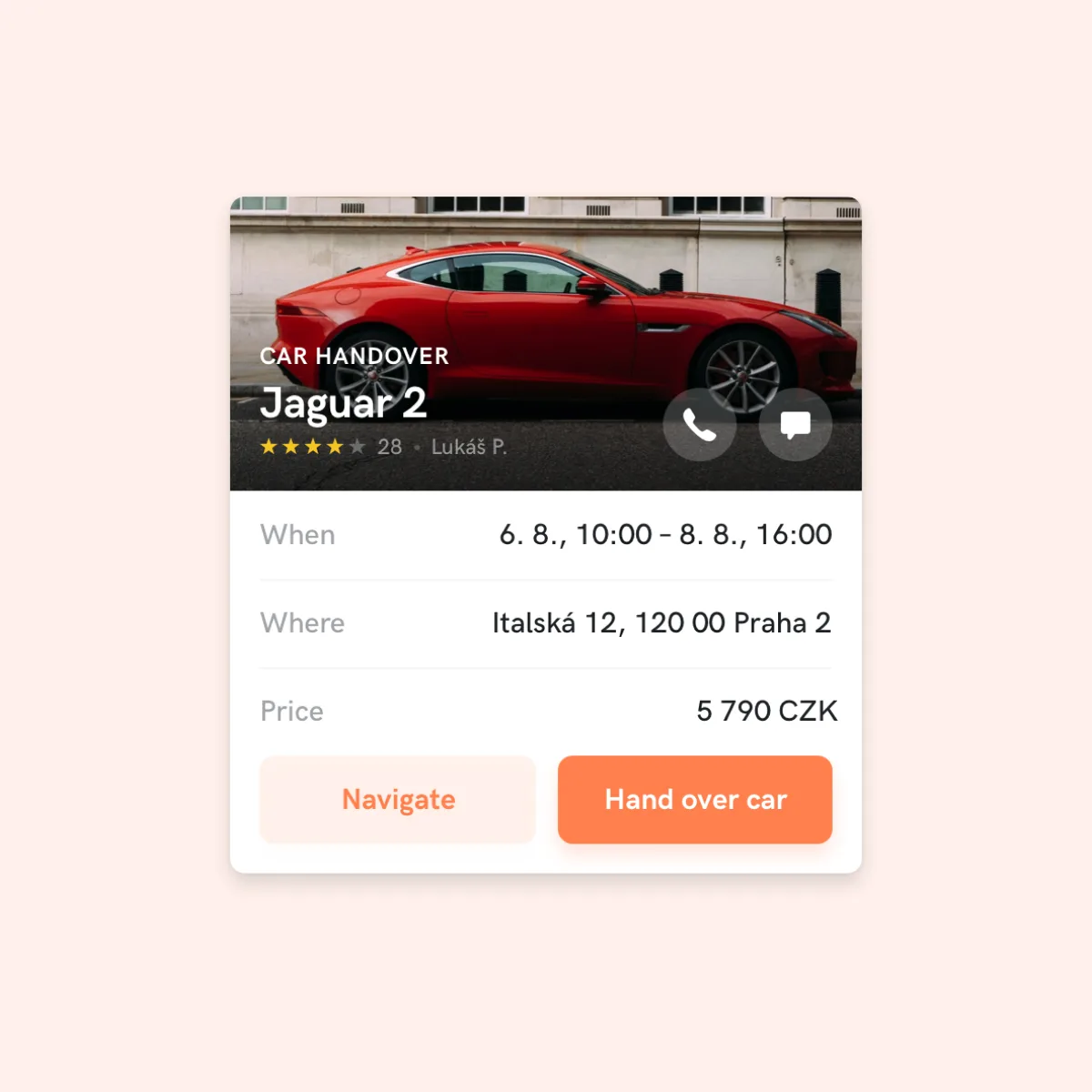 The HoppyGo Car handover card on a pale peach ground: a red Jaguar 2 with a 4-star rating by Lukáš P., When 6.–8. 8., Where Italská 12, 120 00 Praha 2, Price 5 790 CZK, and Navigate and Hand over car buttons
